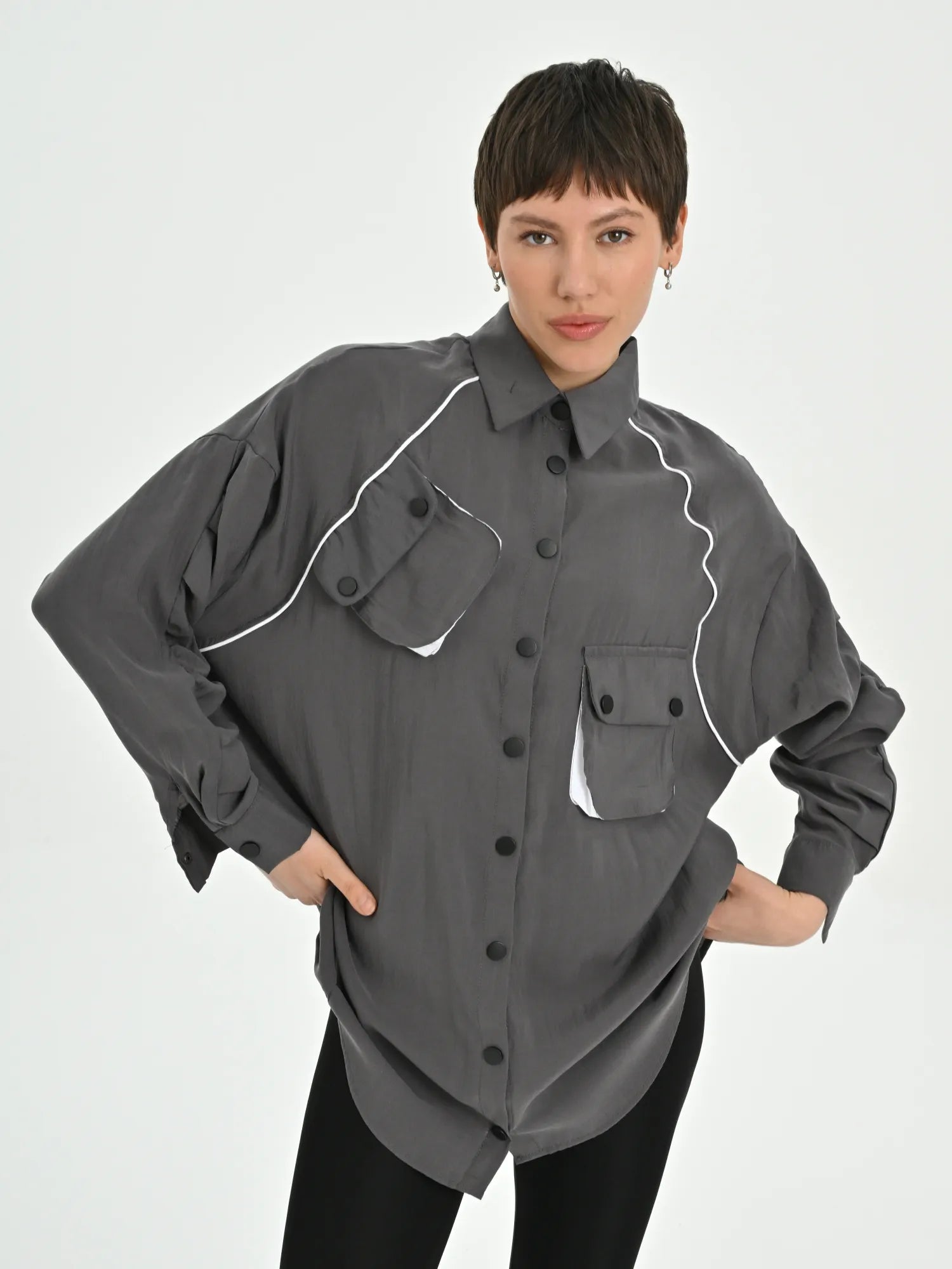  Les Mios Shirt in gerader Form, aus Baumwolle, 7029, Grau, Schick, Modern, Bequem, Schick