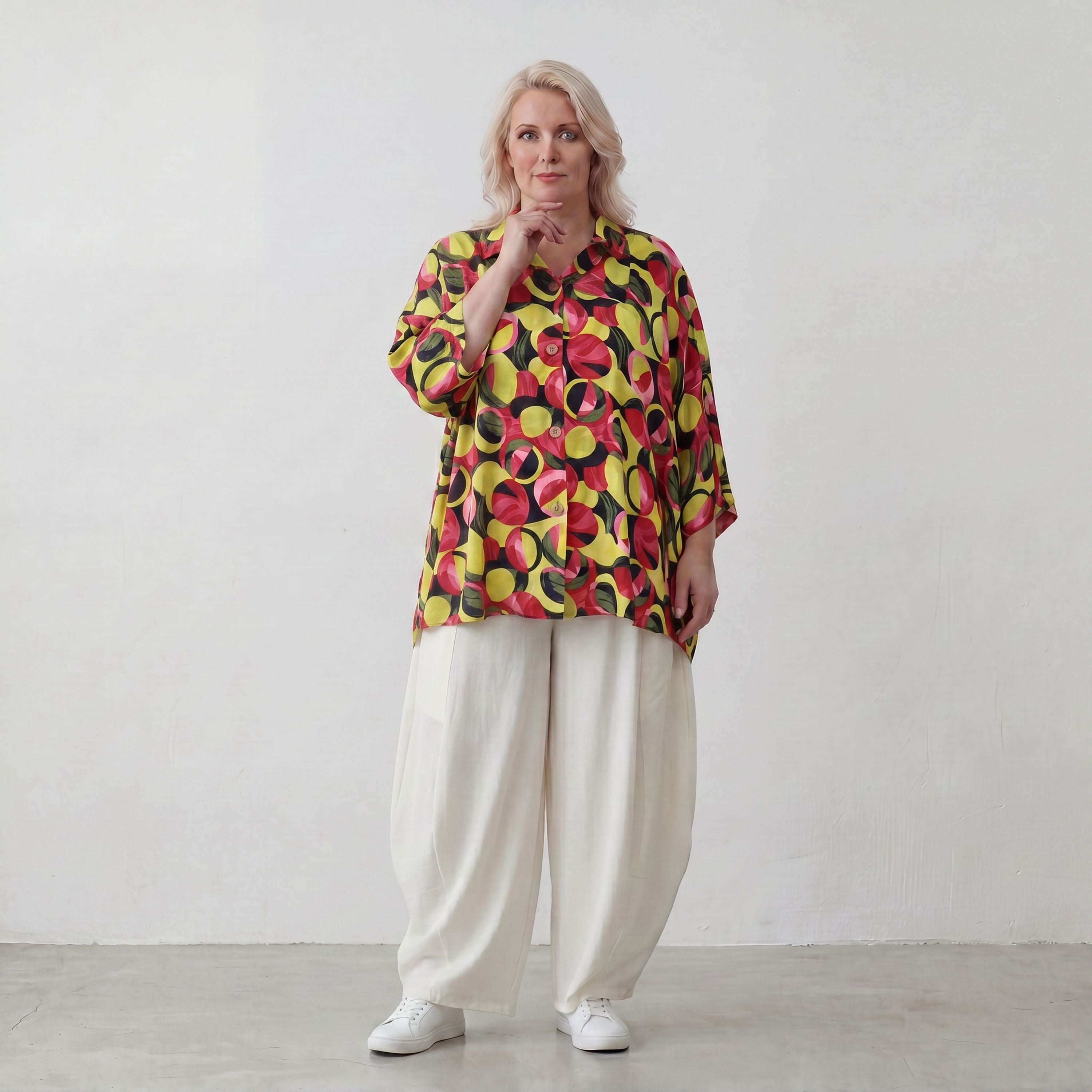 Bluse aus Viskose Popeline in Gelb und Fuchsia mit Hemdkragen und Knopfleiste sommerlich