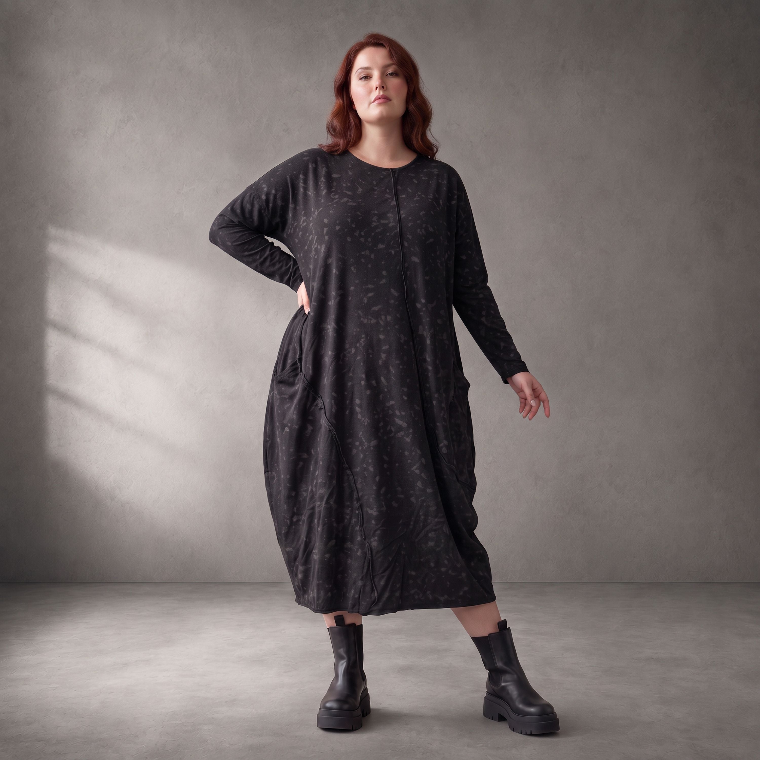 Damen Kleid Lagenlook Baumwolle Schwarz, Ballonschnitt, Langarm, Oversize große Größen – Funky Diva