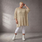 Damen Shirt Lagenlook Baumwolle Beige, gerader Schnitt, Kurzarm, Oversize große Größen – Funky Diva