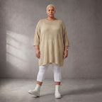 Damen Shirt Lagenlook Baumwolle Beige, gerader Schnitt, Kurzarm, Oversize große Größen – Funky Diva