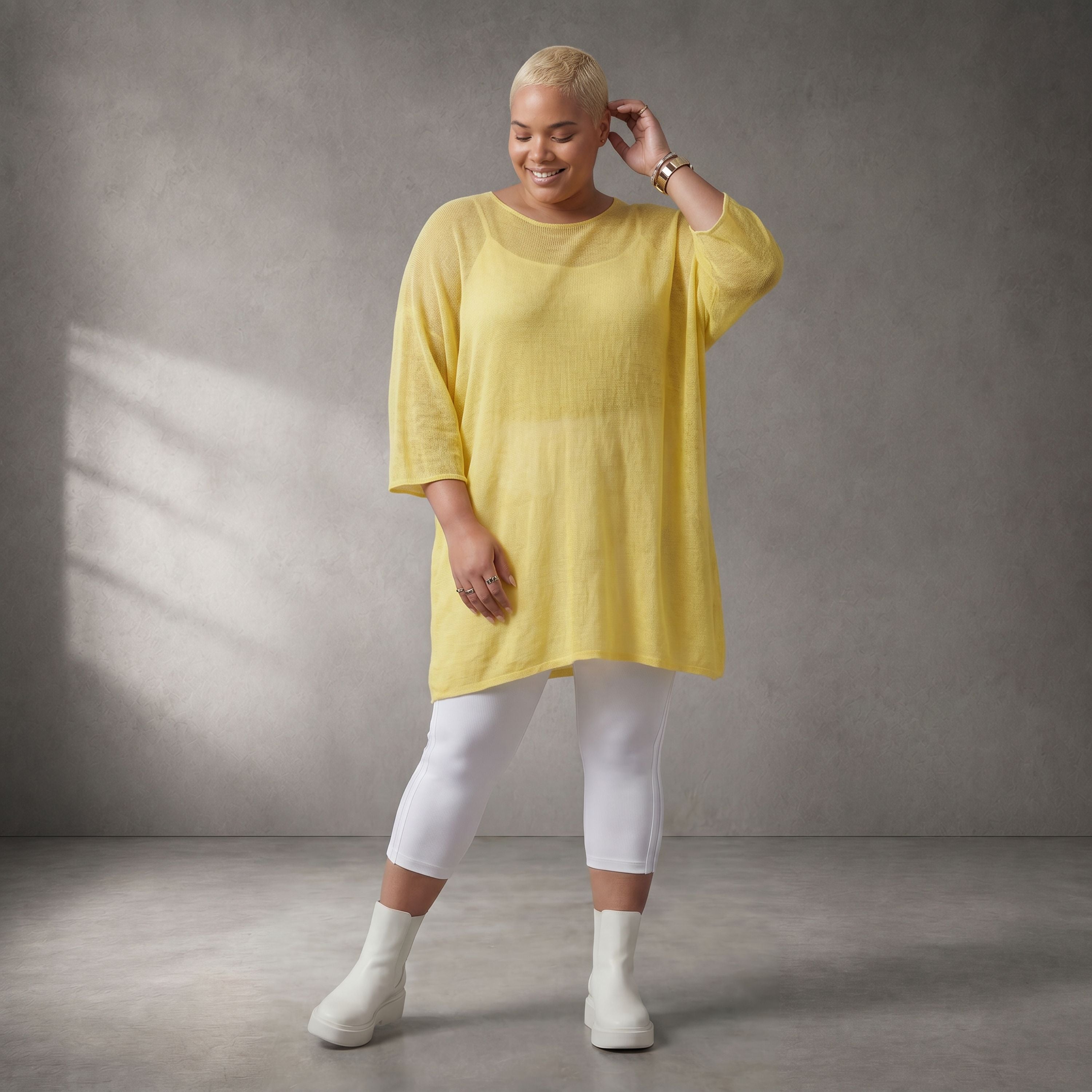 Damen Shirt Lagenlook Baumwolle Gelb, gerader Schnitt, Kurzarm, Oversize große Größen – Funky Diva