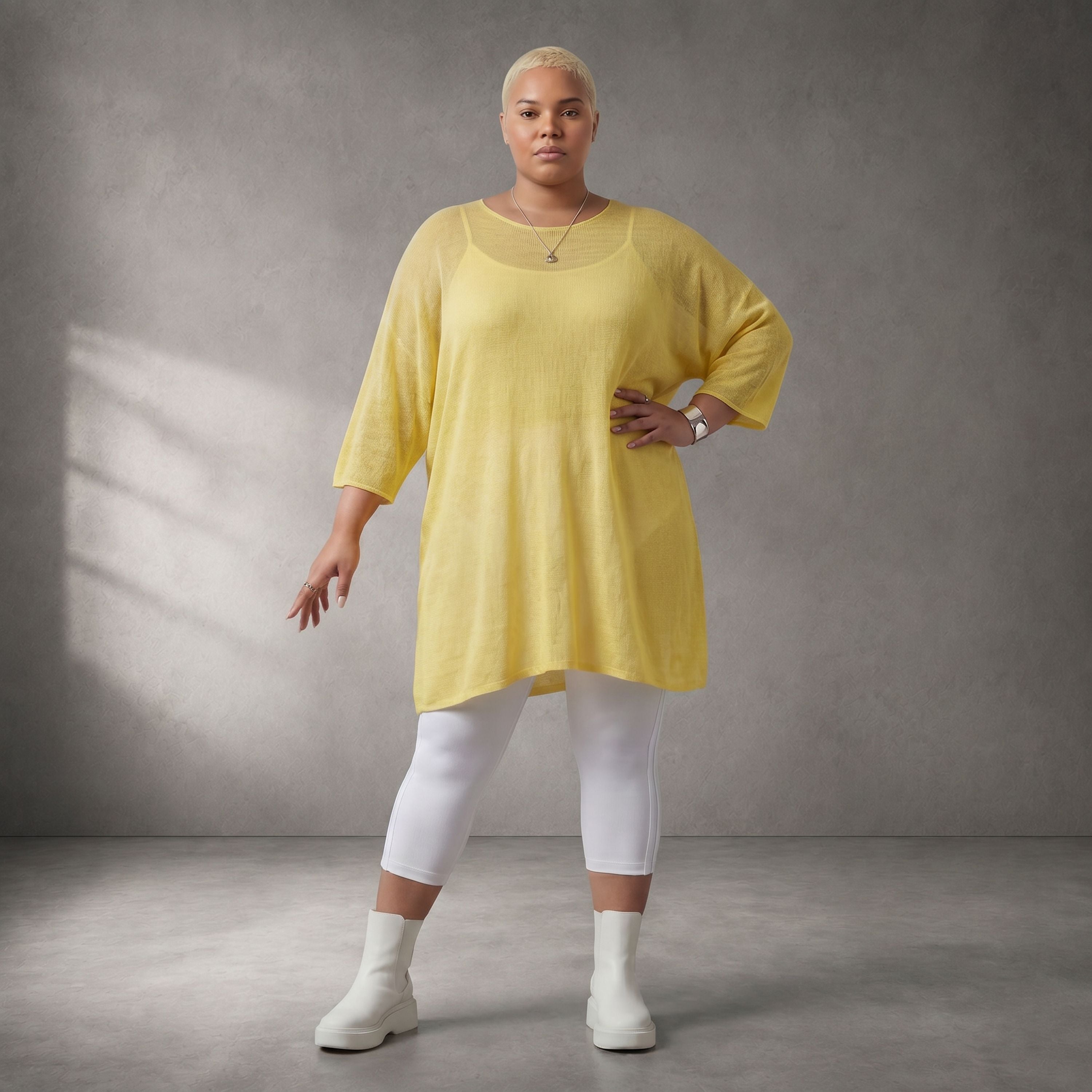 Damen Shirt Lagenlook Baumwolle Gelb, gerader Schnitt, Kurzarm, Oversize große Größen – Funky Diva