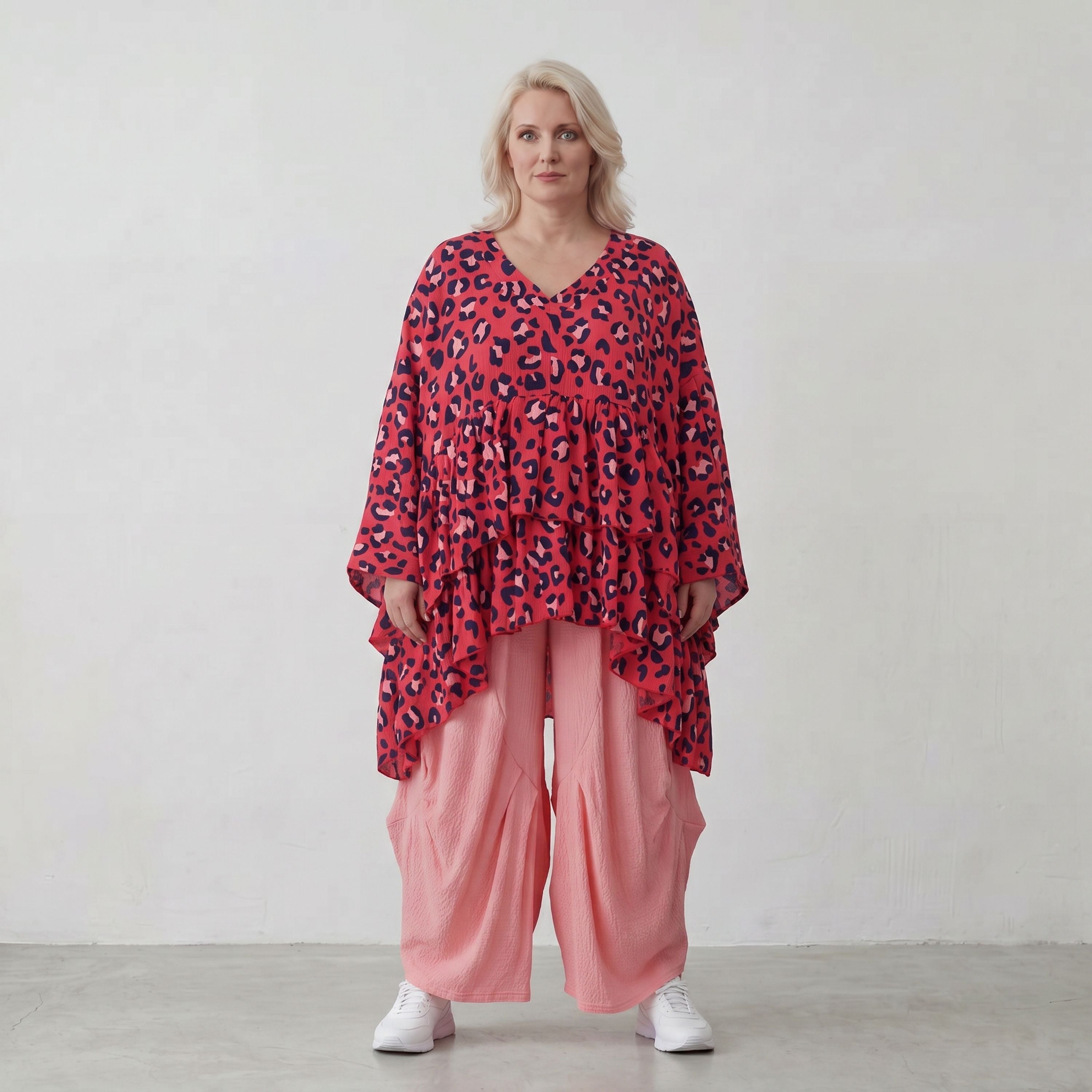 Damen Shirt Lagenlook Baumwolle Fuchsia/Marine, kastiger Schnitt, Kurzarm, V-Ausschnitt, Oversize große Größen – AKH Fashion