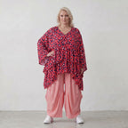 Damen Shirt Lagenlook Baumwolle Fuchsia/Marine, kastiger Schnitt, Kurzarm, V-Ausschnitt, Oversize große Größen – AKH Fashion