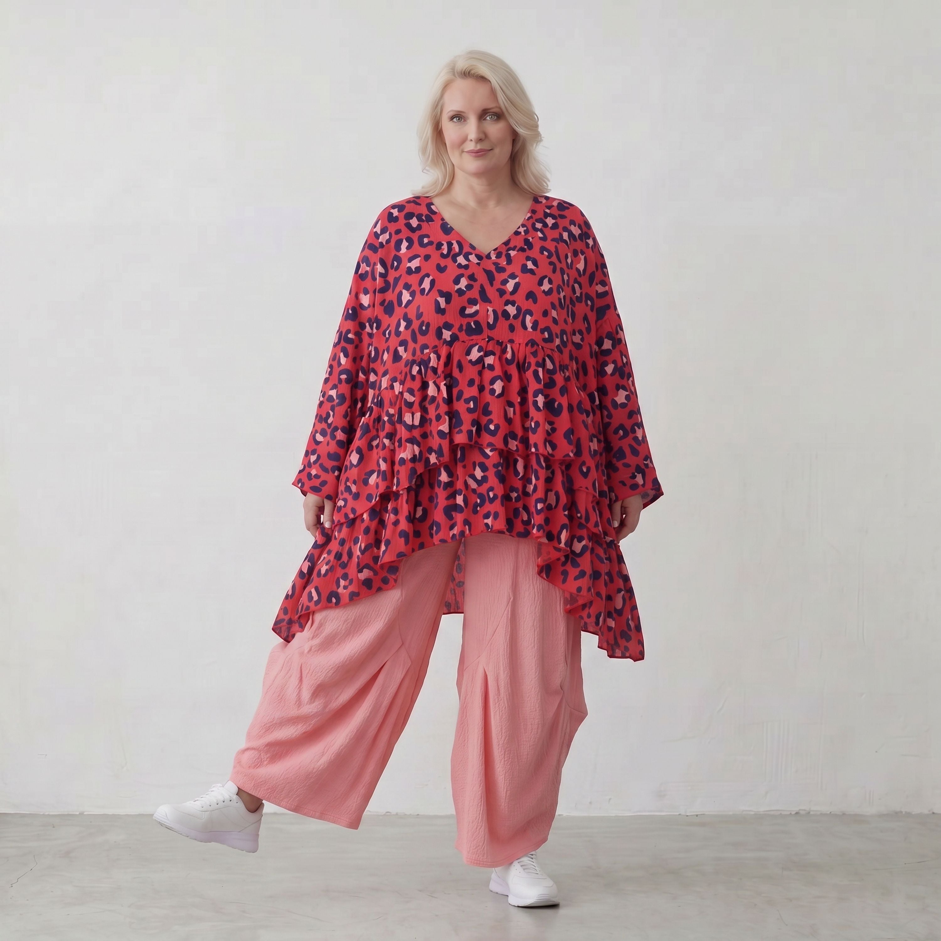 Damen Shirt Lagenlook Baumwolle Fuchsia/Marine, kastiger Schnitt, Kurzarm, V-Ausschnitt, Oversize große Größen – AKH Fashion