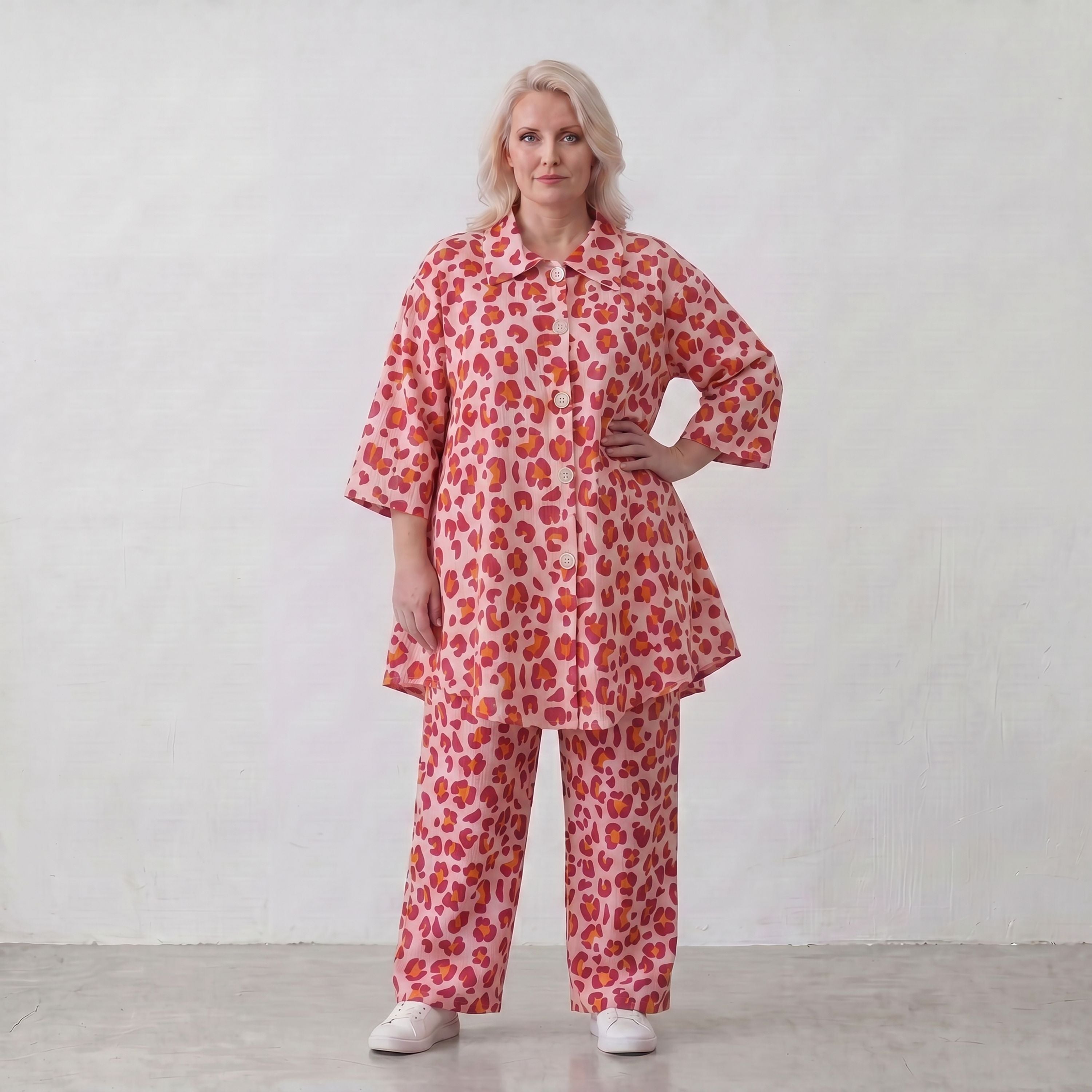 Damen Bluse Lagenlook Baumwolle Rose/Rot, gerader Schnitt, Knopfleiste, Oversize große Größen – AKH Fashion