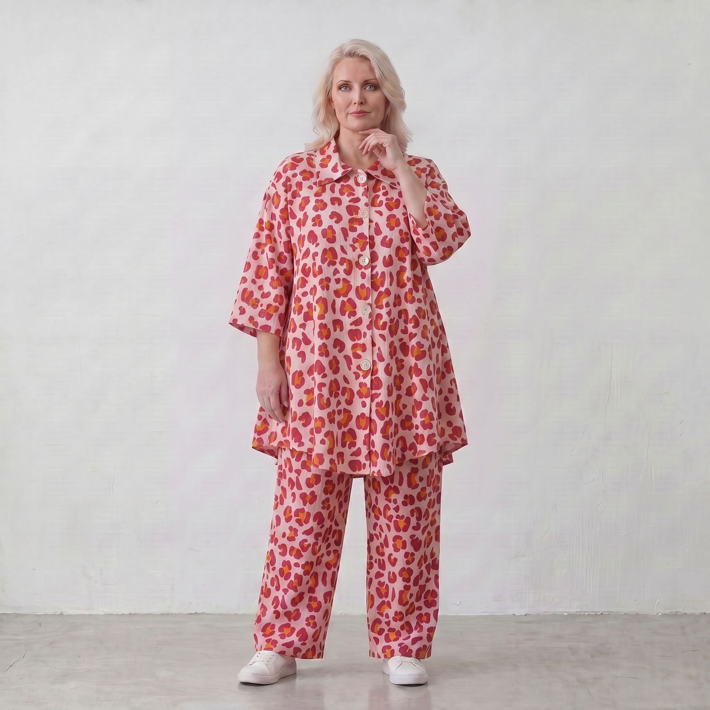 Damen Hose Lagenlook Baumwolle Rose/Rot, gerader Schnitt, Elastikbund, Oversize große Größen – AKH Fashion
