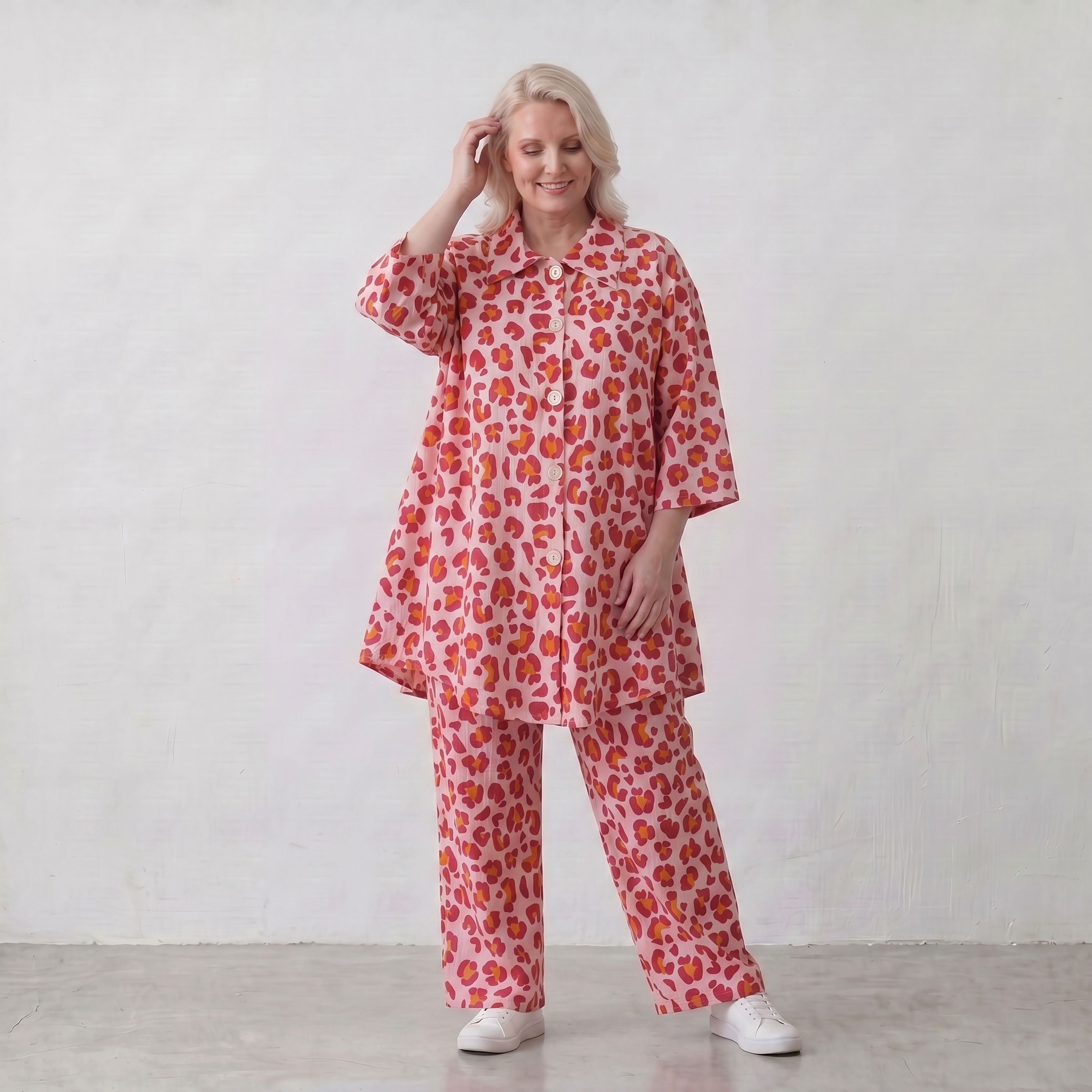 Damen Bluse Lagenlook Baumwolle Rose/Rot, gerader Schnitt, Knopfleiste, Oversize große Größen – AKH Fashion