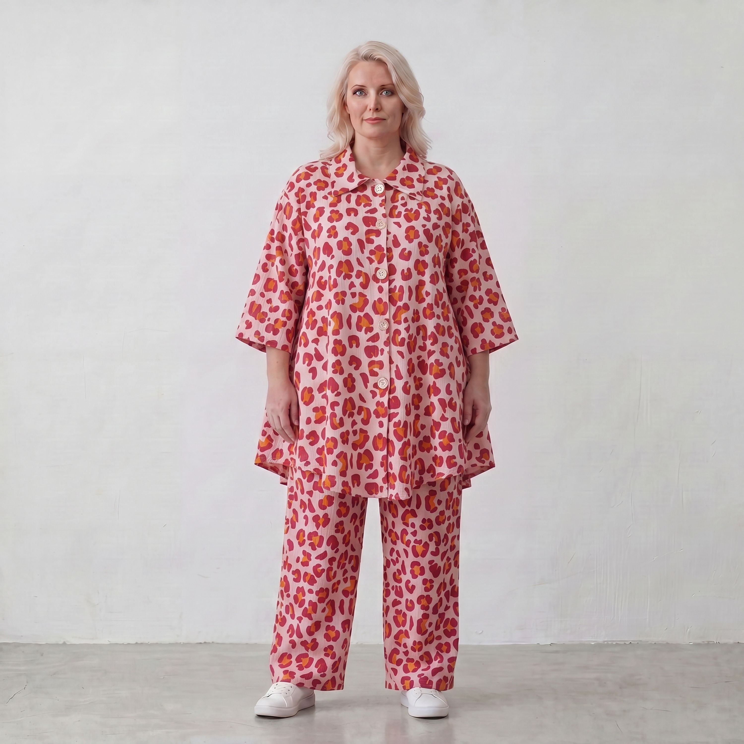 Damen Hose Lagenlook Baumwolle Rose/Rot, gerader Schnitt, Elastikbund, Oversize große Größen – AKH Fashion