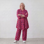 Damen Bluse Lagenlook Baumwolle Fuchsia/Marine, 3/4-Arm, Knopfleiste, Oversize große Größen – AKH Fashion