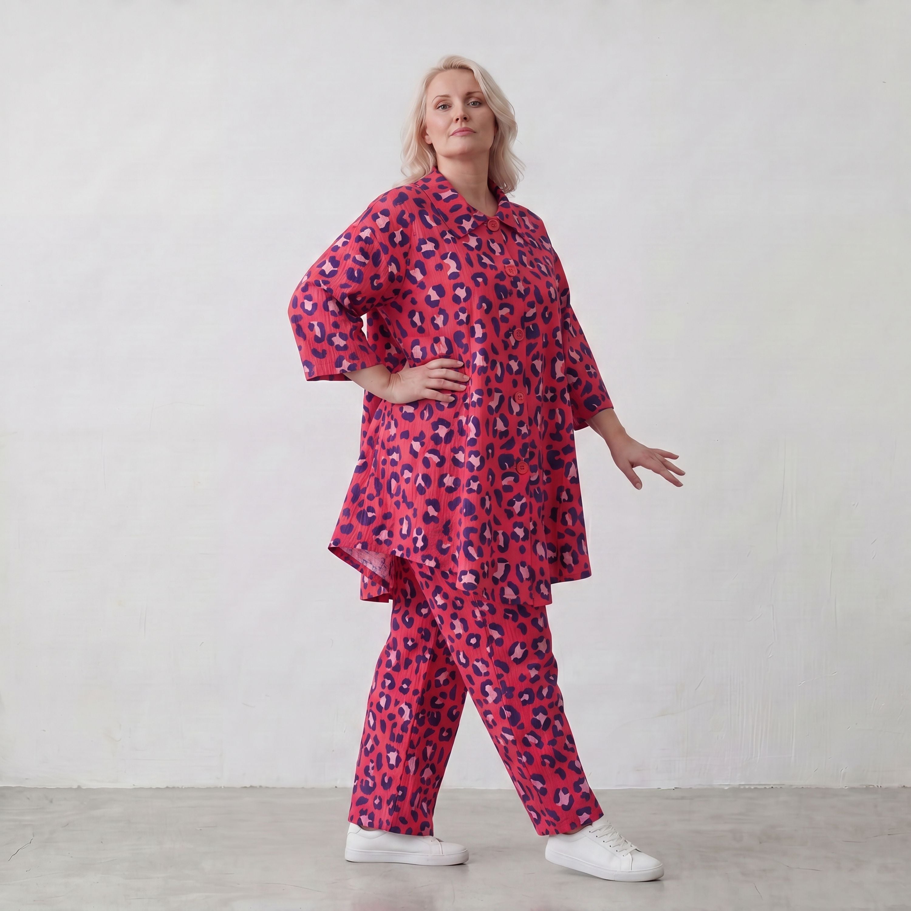 Damen Bluse Lagenlook Baumwolle Fuchsia/Marine, 3/4-Arm, Knopfleiste, Oversize große Größen – AKH Fashion