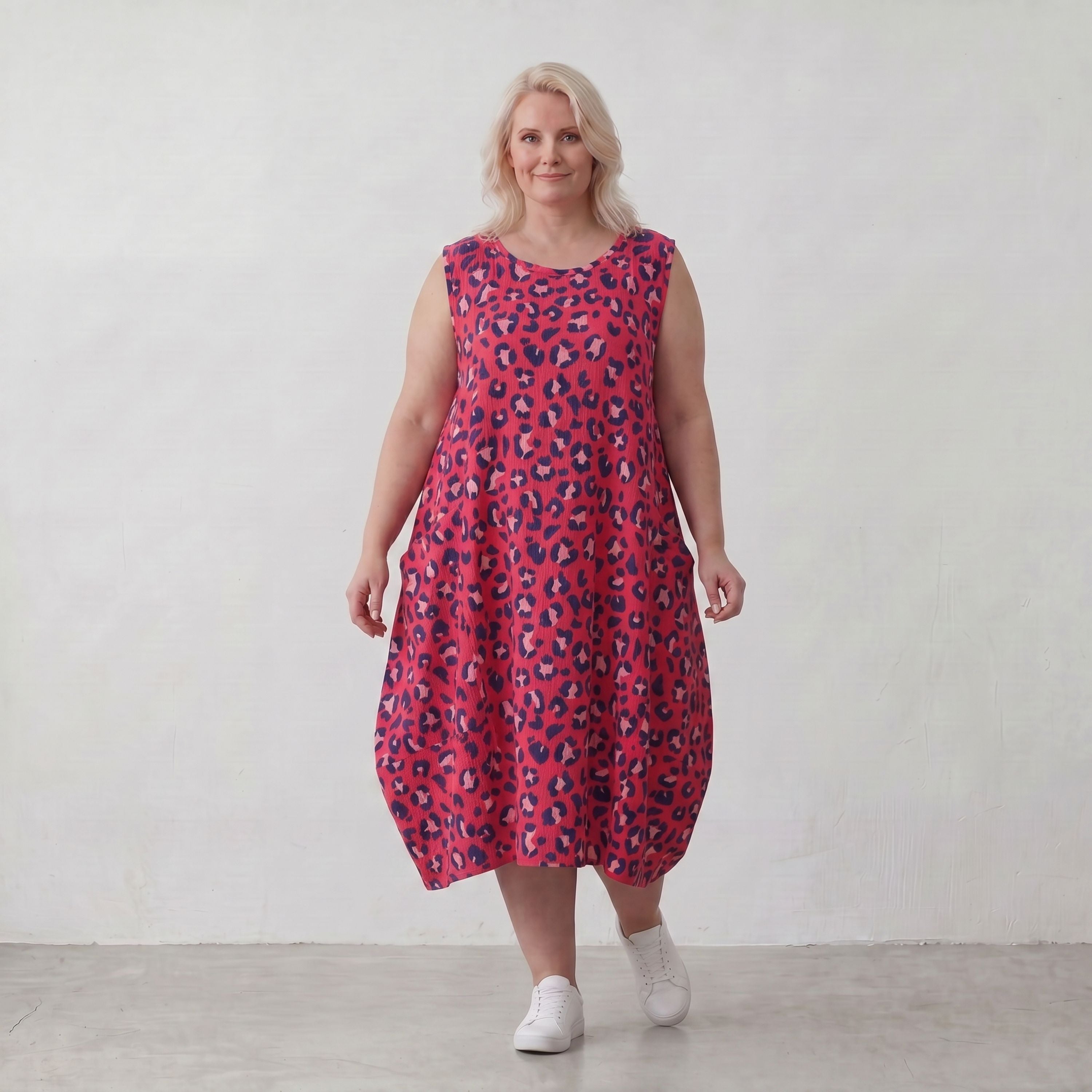 Damen Kleid Lagenlook Baumwolle Fuchsia/Marine, Ballonschnitt, Taschen, Oversize große Größen – AKH Fashion