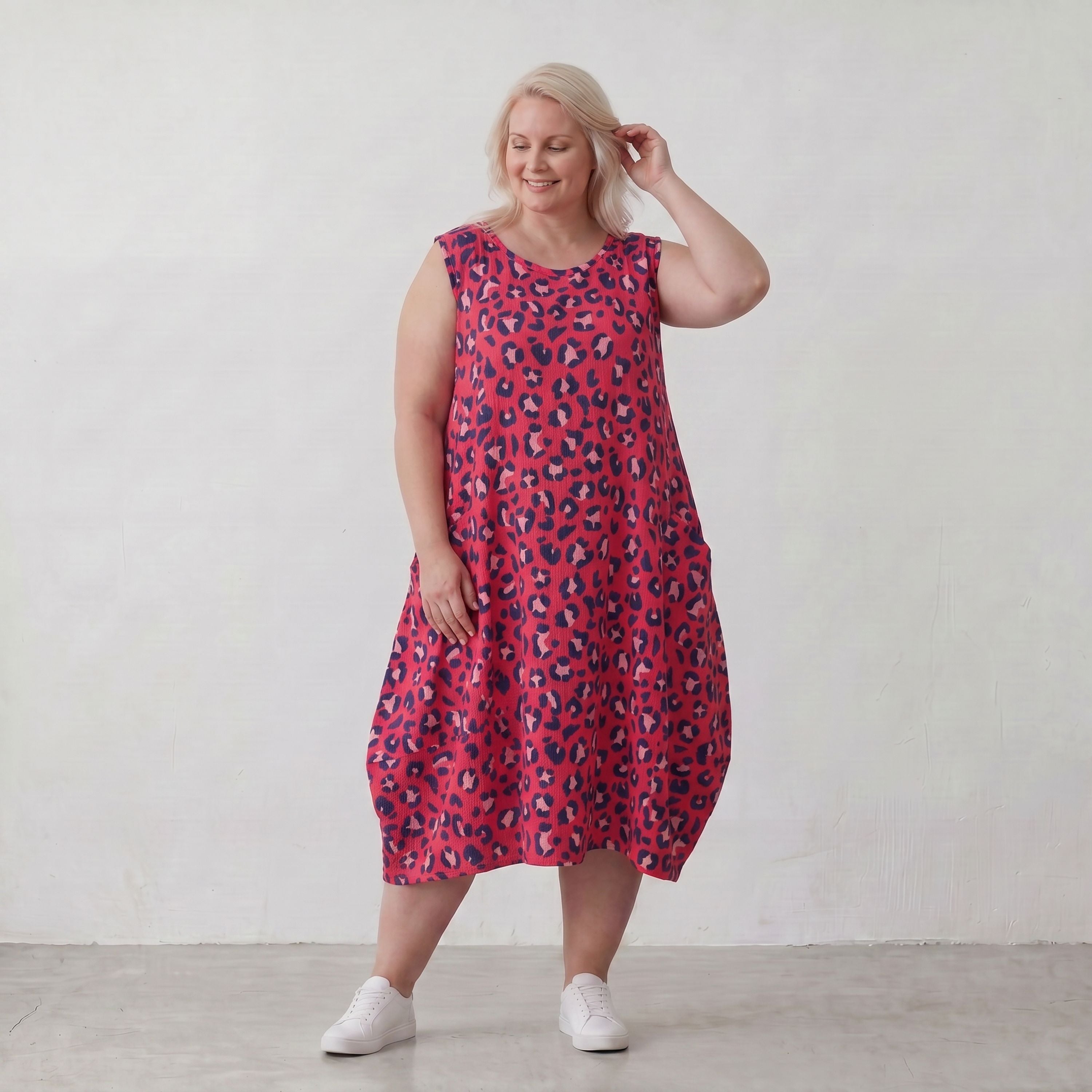 Damen Kleid Lagenlook Baumwolle Fuchsia/Marine, Ballonschnitt, Taschen, Oversize große Größen – AKH Fashion