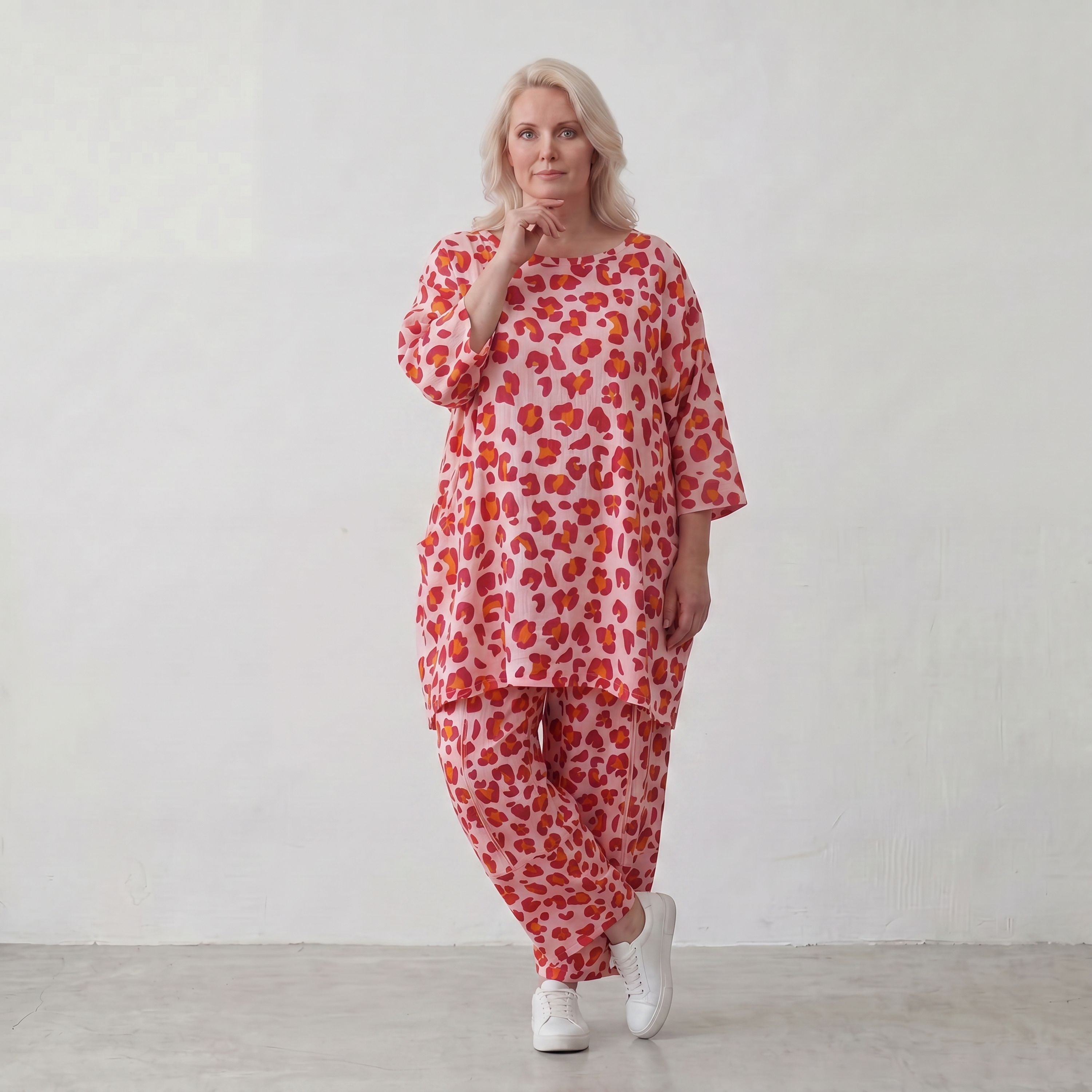 Damen Shirt Lagenlook Baumwolle Rose/Rot, A-Form, Taschen, Oversize große Größen – AKH Fashion