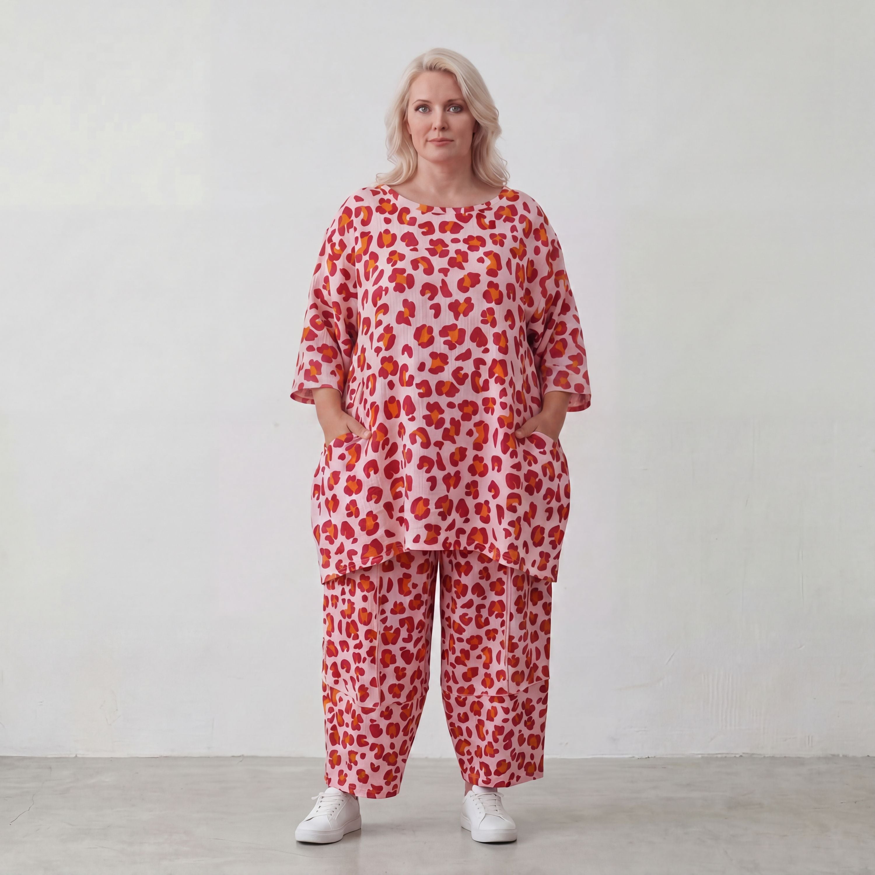 Damen Hose Lagenlook Baumwolle Rose/Rot, Ballonschnitt, Elastikbund, Oversize große Größen – AKH Fashion