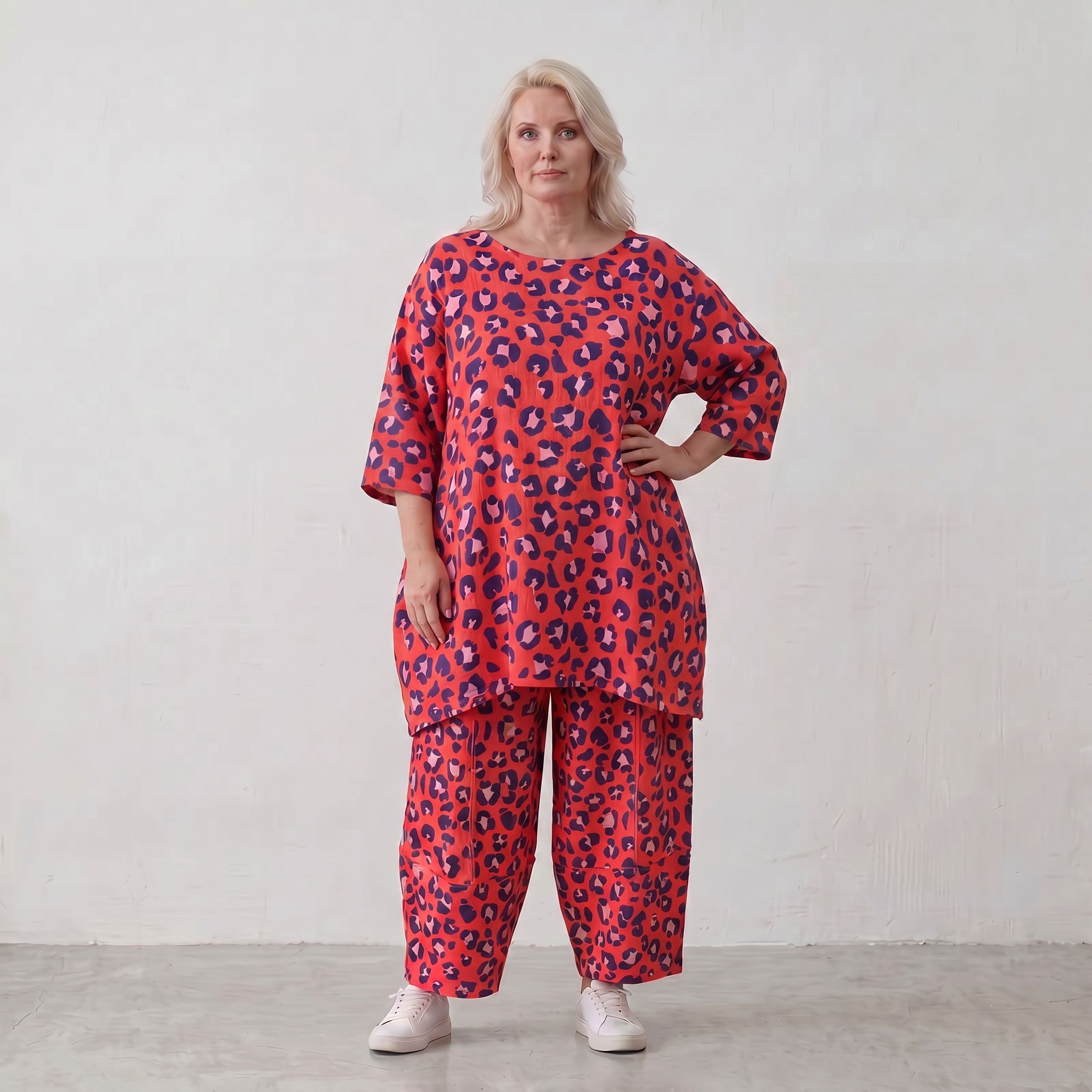 Damen Shirt Lagenlook Baumwolle Fuchsia/Marine, A-Form, 3/4-Arm, Taschen, Oversize große Größen – AKH Fashion