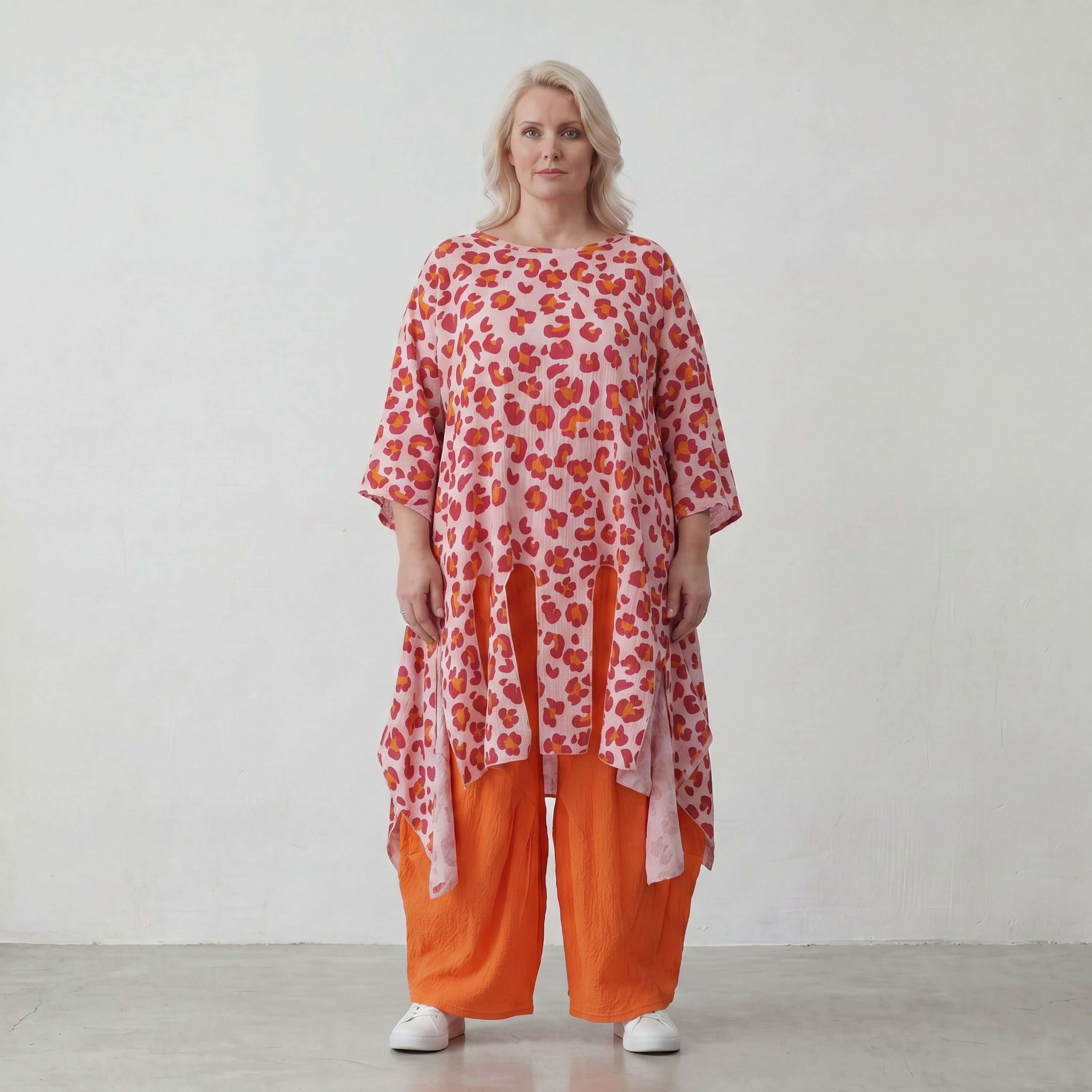 Damen Shirt Lagenlook Baumwolle Rose/Rot, A-Form, Volant, Oversize große Größen – AKH Fashion