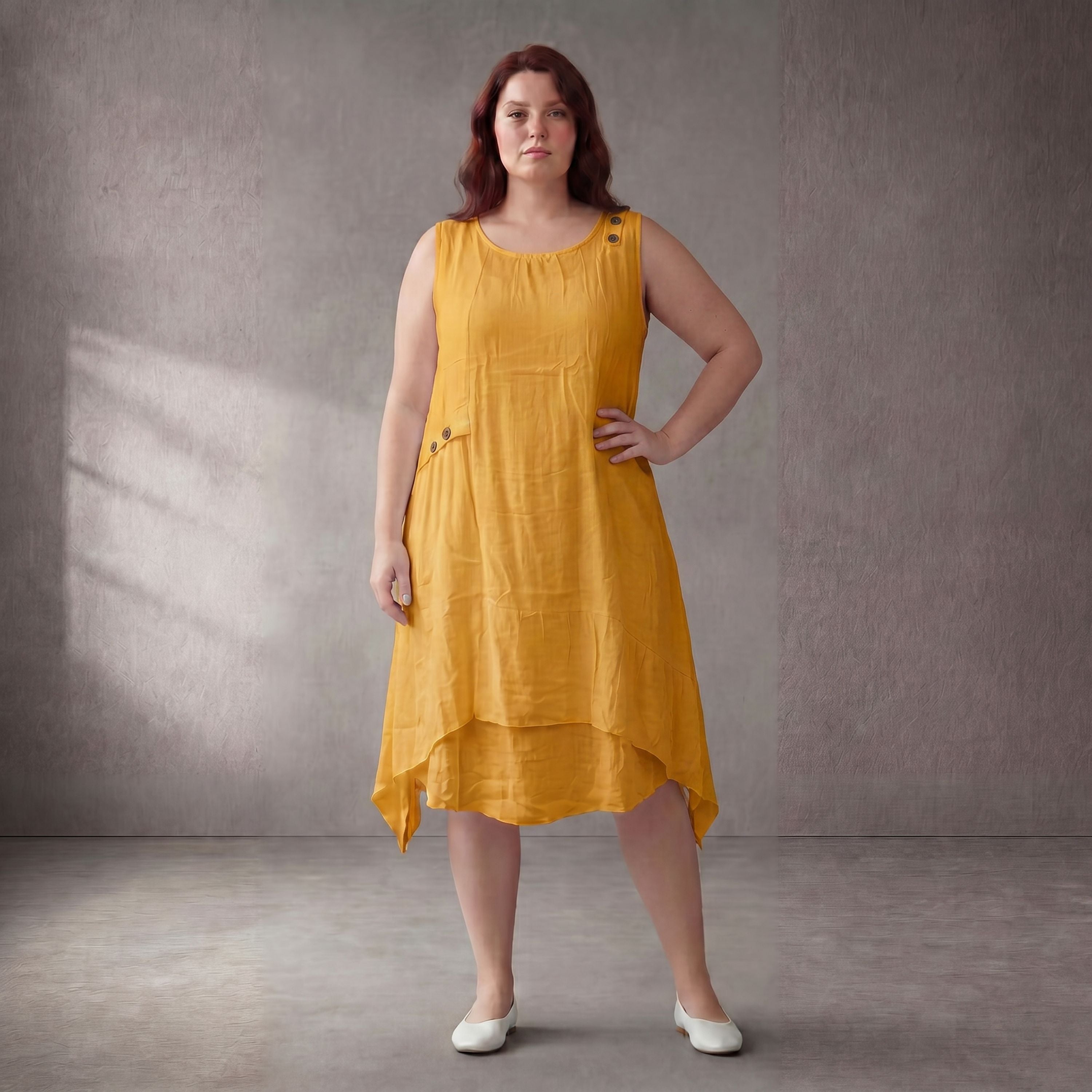 Leichte Tunika Gelb fliessend im Lagenlook Oversize A-Linie mit Taschen sehr luftig chic