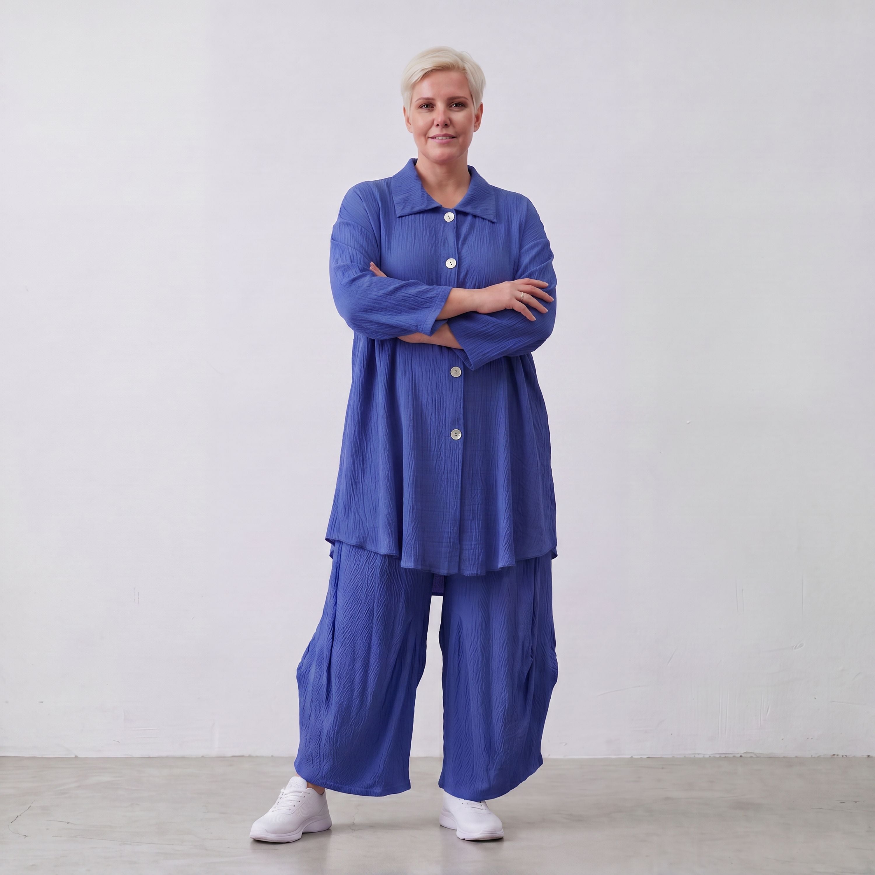 Damen Bluse Lagenlook Viskose Royalblau, 3/4-Arm, Knopfleiste, Oversize große Größen – AKH Fashion