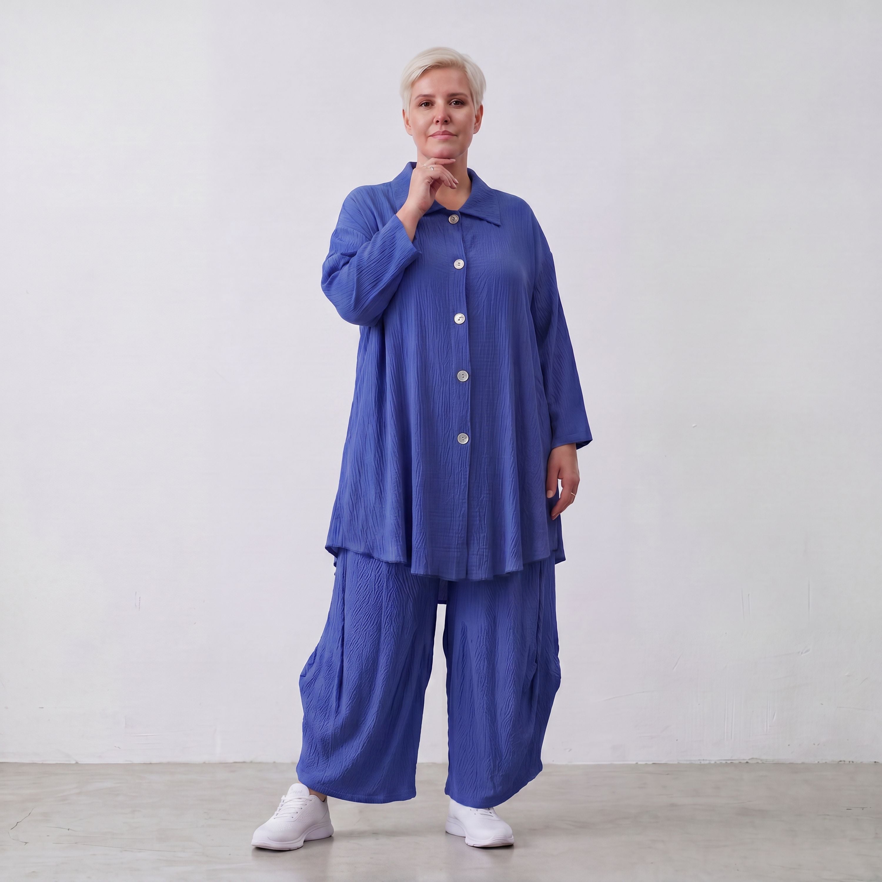 Damen Bluse Lagenlook Viskose Royalblau, 3/4-Arm, Knopfleiste, Oversize große Größen – AKH Fashion
