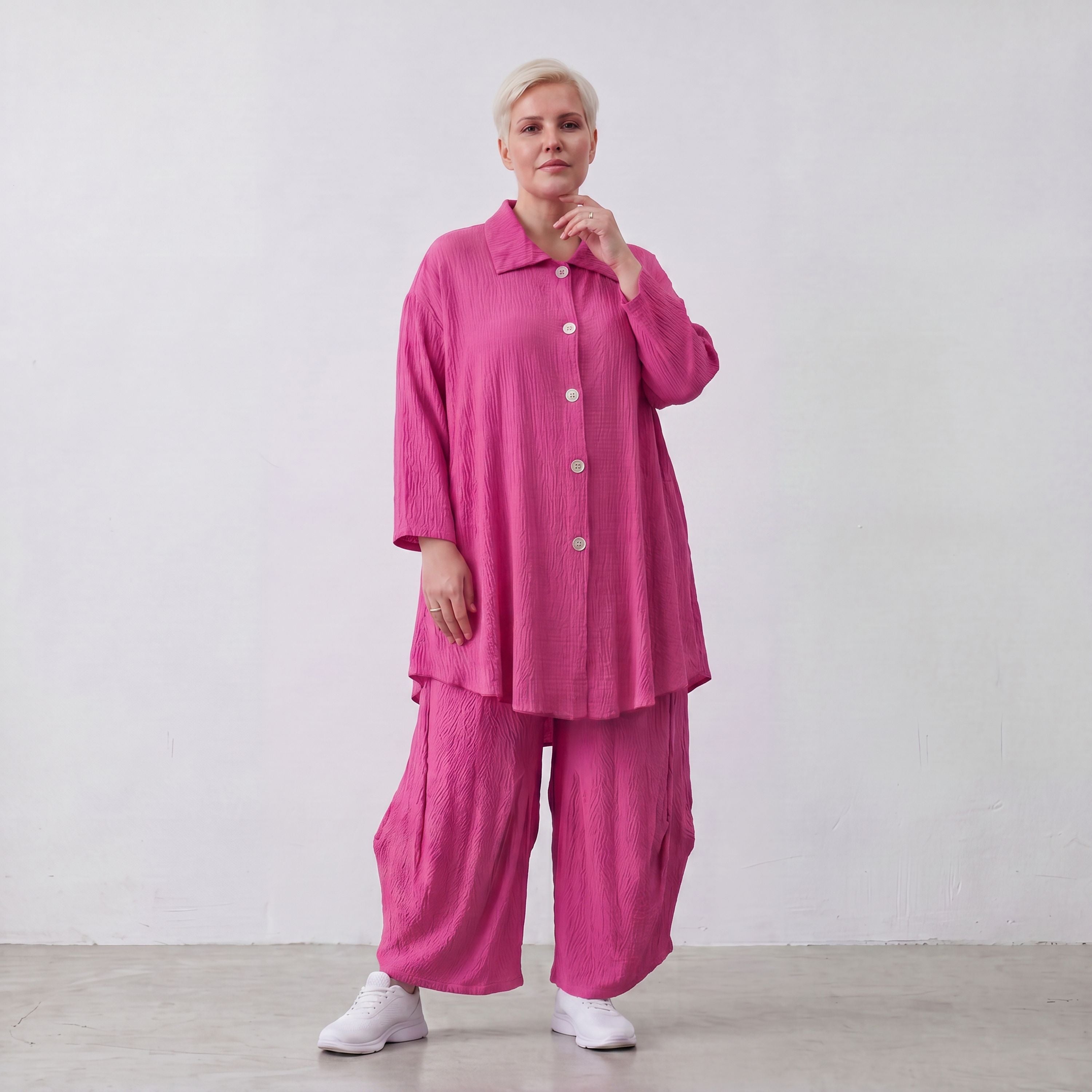 Damen Bluse Lagenlook Viskose Fuchsia, Knopfleiste, Oversize große Größen – AKH Fashion