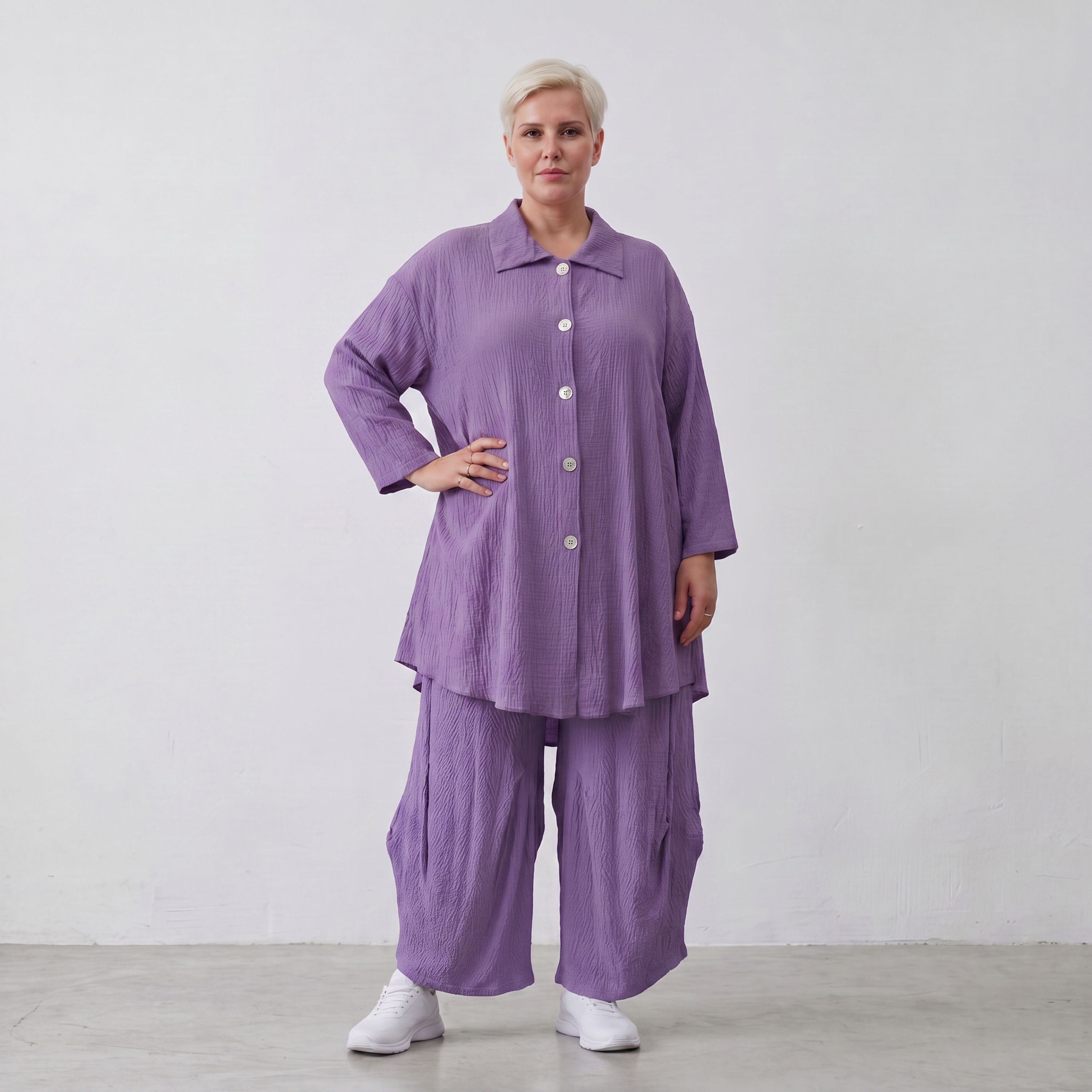 Damen Bluse Lagenlook Viskose Lila, 3/4-Arm, Knopfleiste, Oversize große Größen – AKH Fashion