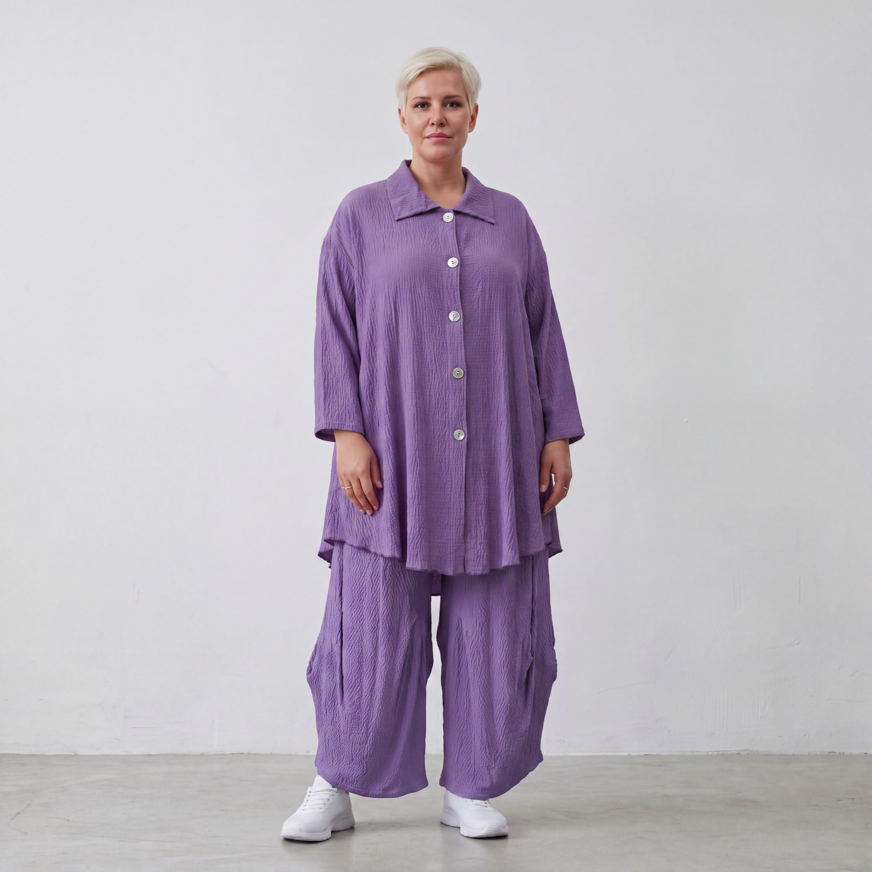 Damen Bluse Lagenlook Viskose Lila, 3/4-Arm, Knopfleiste, Oversize große Größen – AKH Fashion
