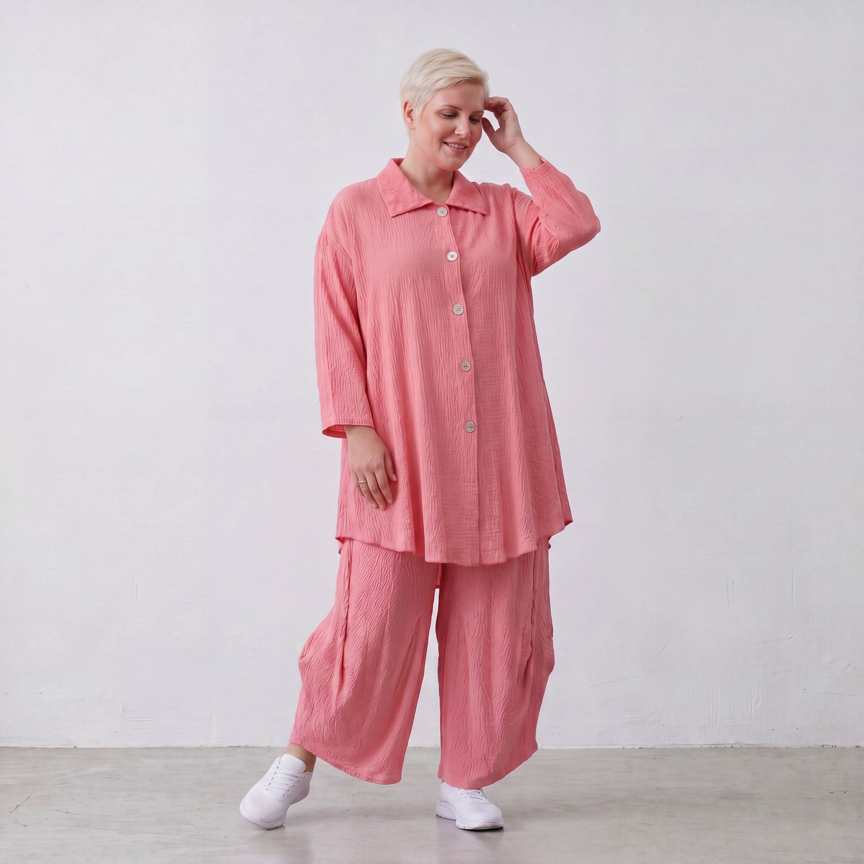 Damen Bluse Lagenlook Viskose Rosa, 3/4-Arm, Knopfleiste, Oversize große Größen – AKH Fashion