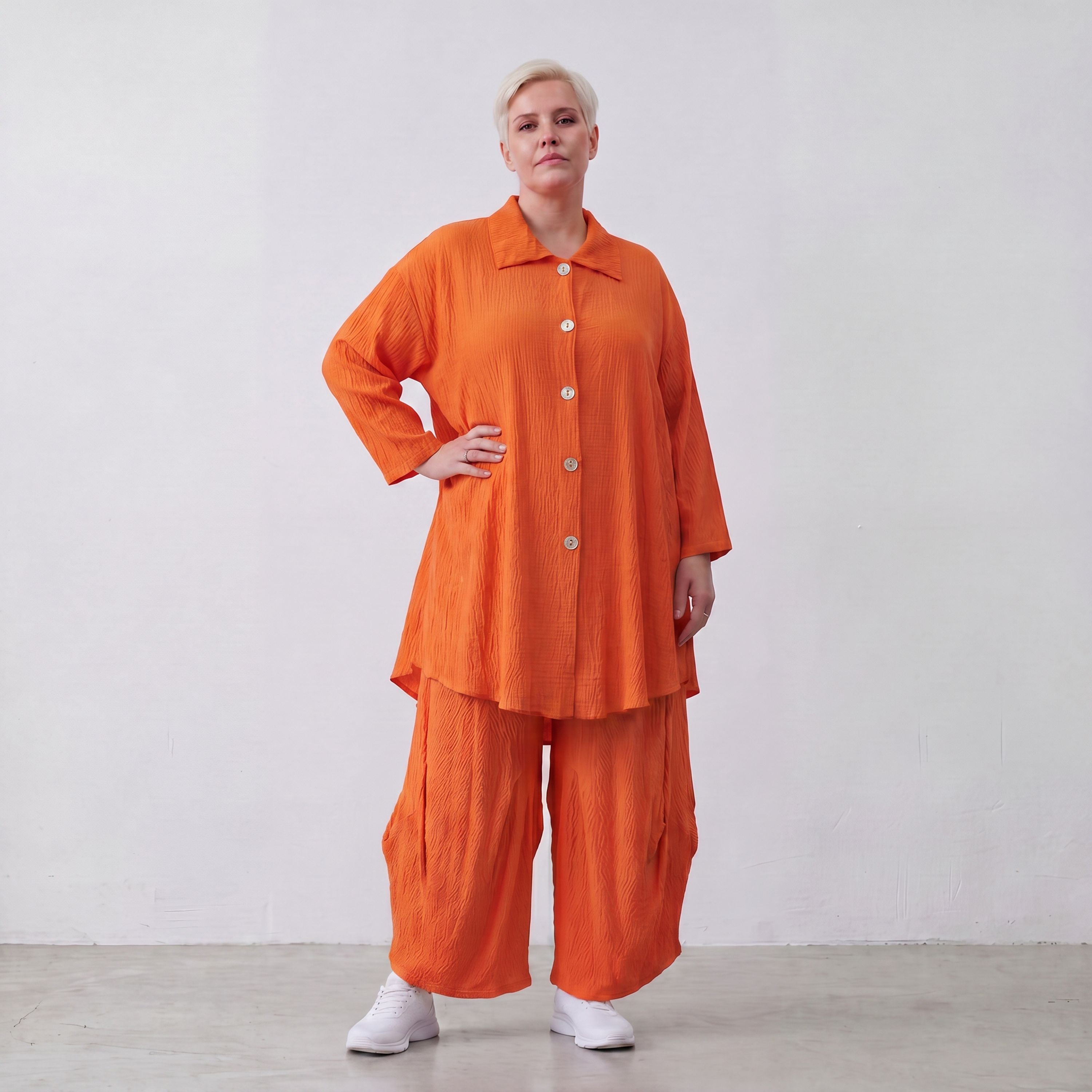 Damen Bluse Lagenlook Viskose Orange, 3/4-Arm, Knopfleiste, Oversize große Größen – AKH Fashion