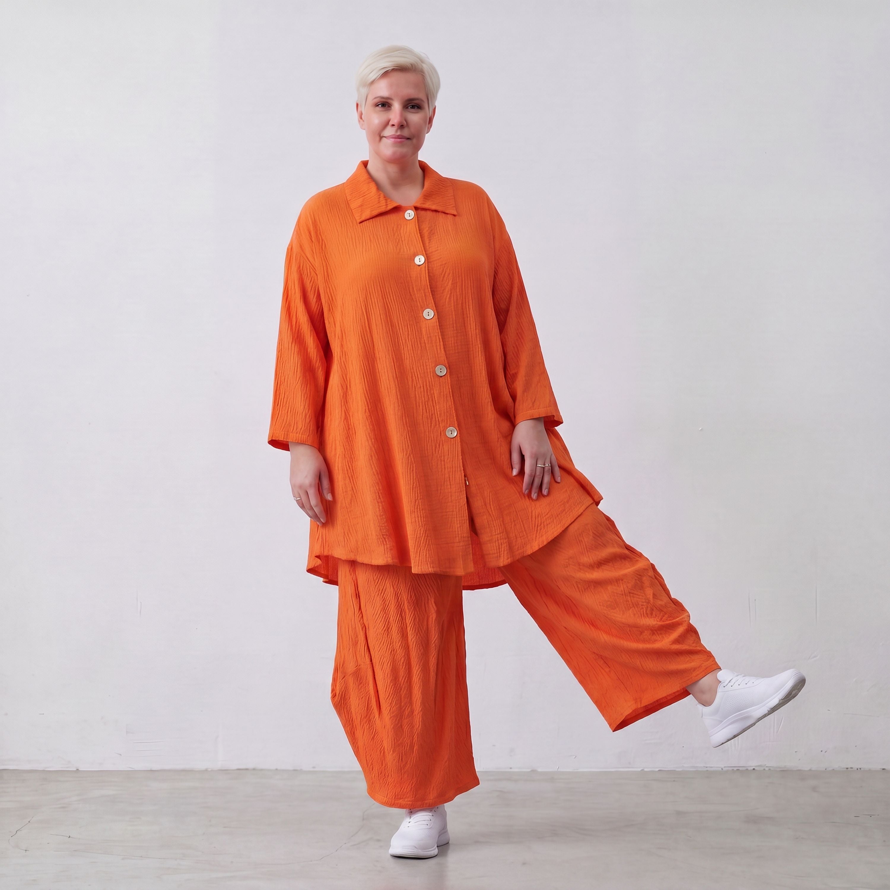 Damen Bluse Lagenlook Viskose Orange, 3/4-Arm, Knopfleiste, Oversize große Größen – AKH Fashion