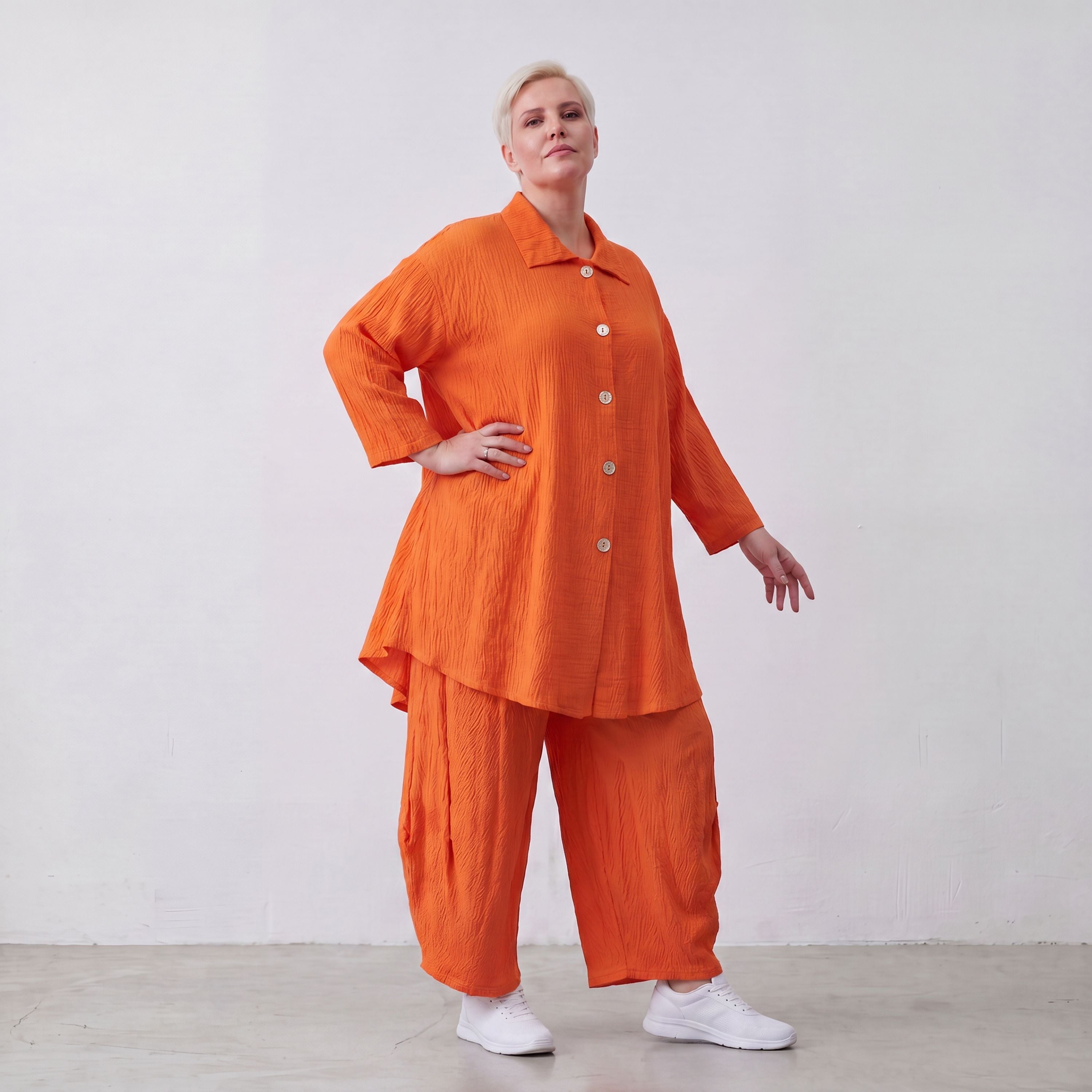 Damen Bluse Lagenlook Viskose Orange, 3/4-Arm, Knopfleiste, Oversize große Größen – AKH Fashion