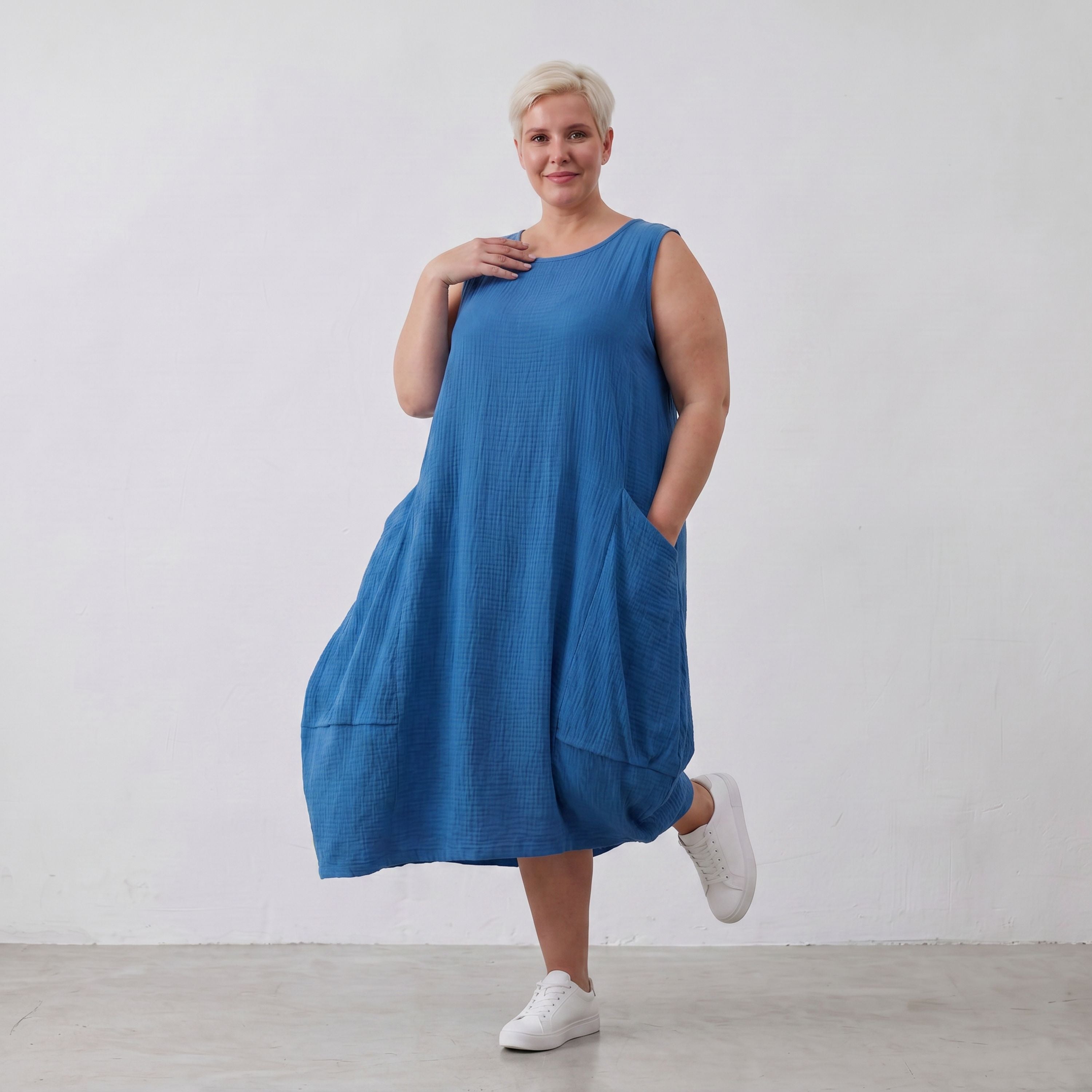 Damen Kleid Lagenlook Viskose Royalblau, Ballonschnitt, ärmellos, Taschen, Oversize große Größen – AKH Fashion