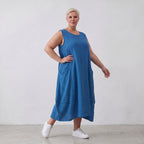 Damen Kleid Lagenlook Viskose Royalblau, Ballonschnitt, ärmellos, Taschen, Oversize große Größen – AKH Fashion