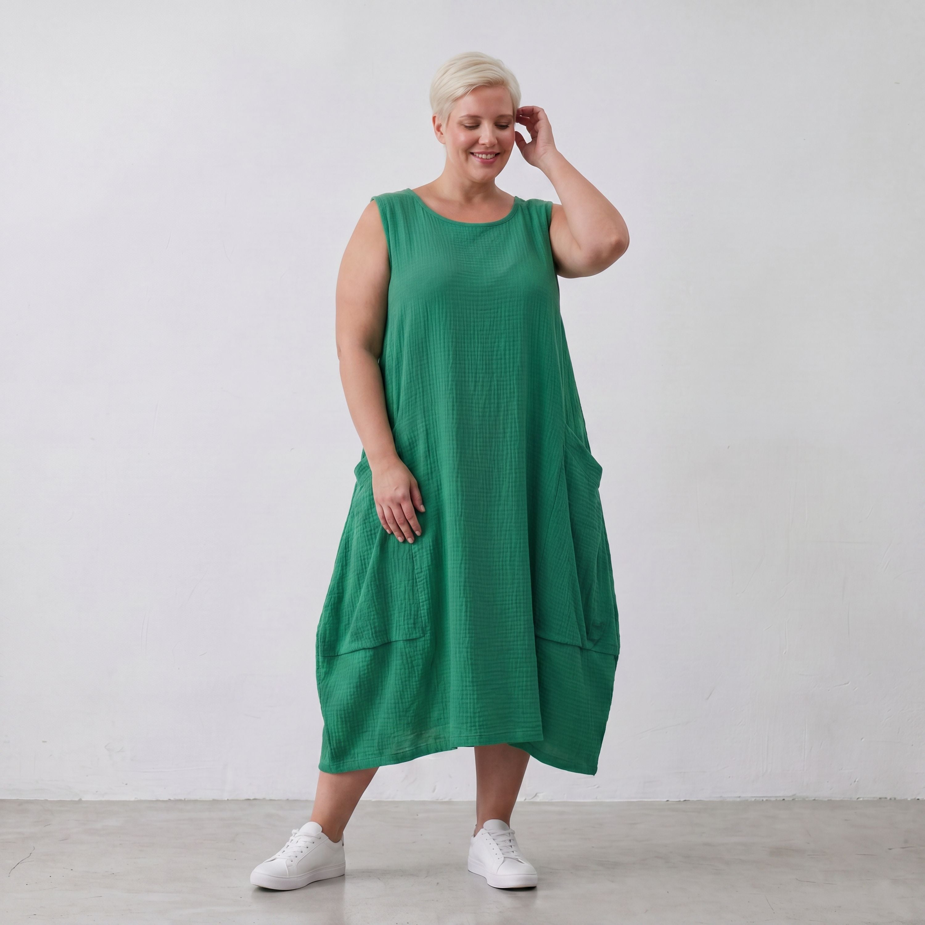 Damen Kleid Lagenlook Viskose Grün, Ballonschnitt, ärmellos, Taschen, Oversize große Größen – AKH Fashion