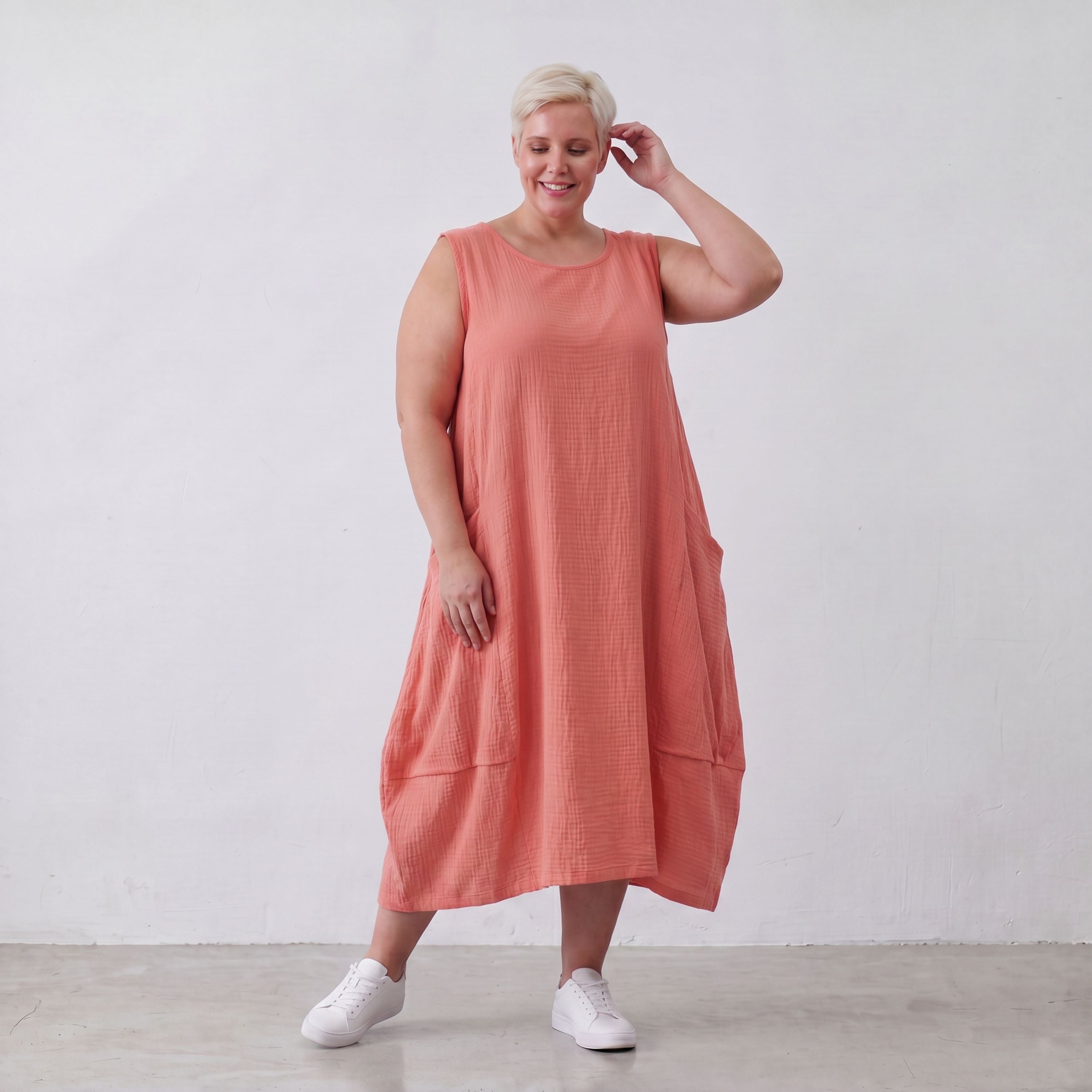 Damen Kleid Lagenlook Viskose Rosa, Ballonschnitt, ärmellos, Oversize große Größen – AKH Fashion