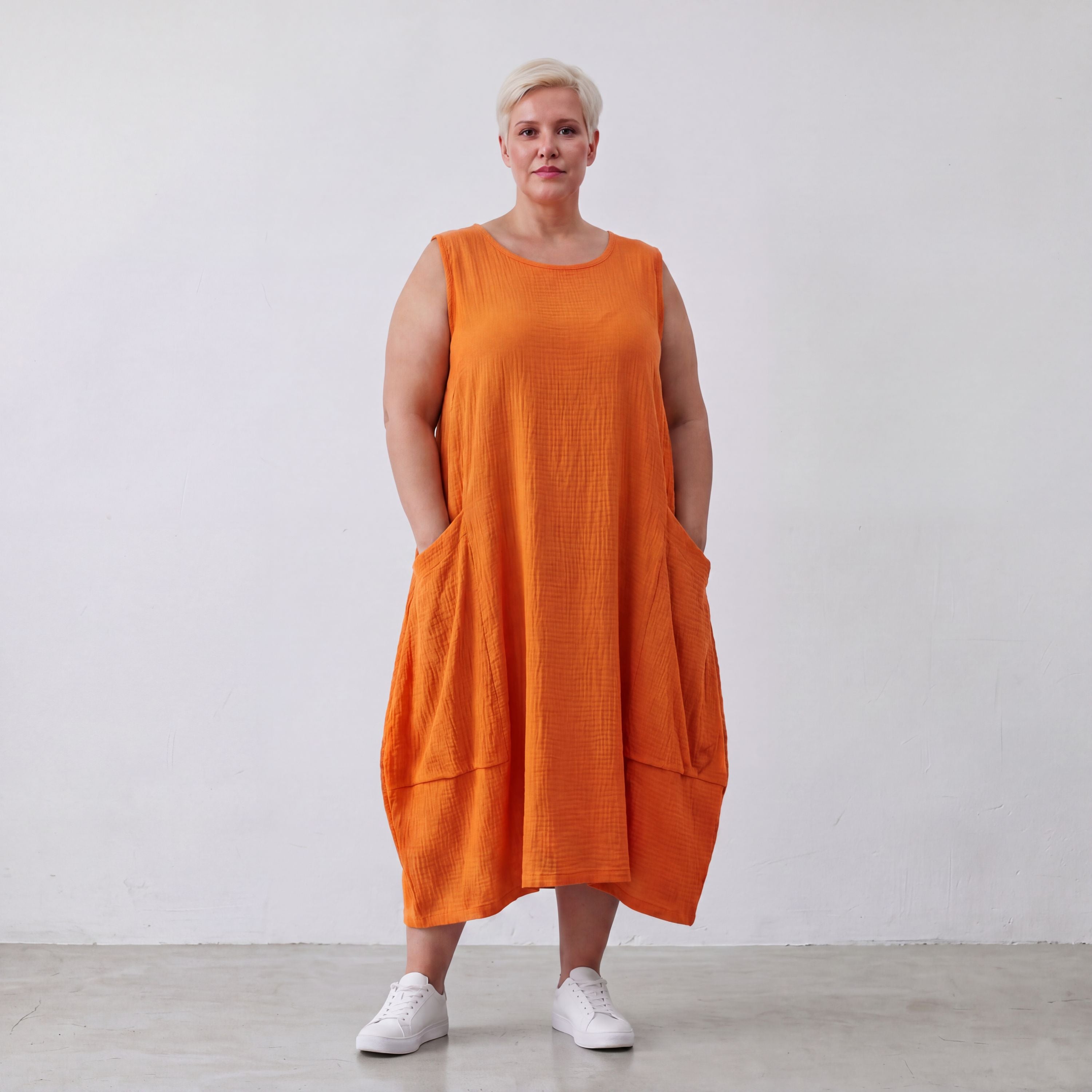 Damen Kleid Lagenlook Viskose Orange, Ballonschnitt, ärmellos, Taschen, Oversize große Größen – AKH Fashion