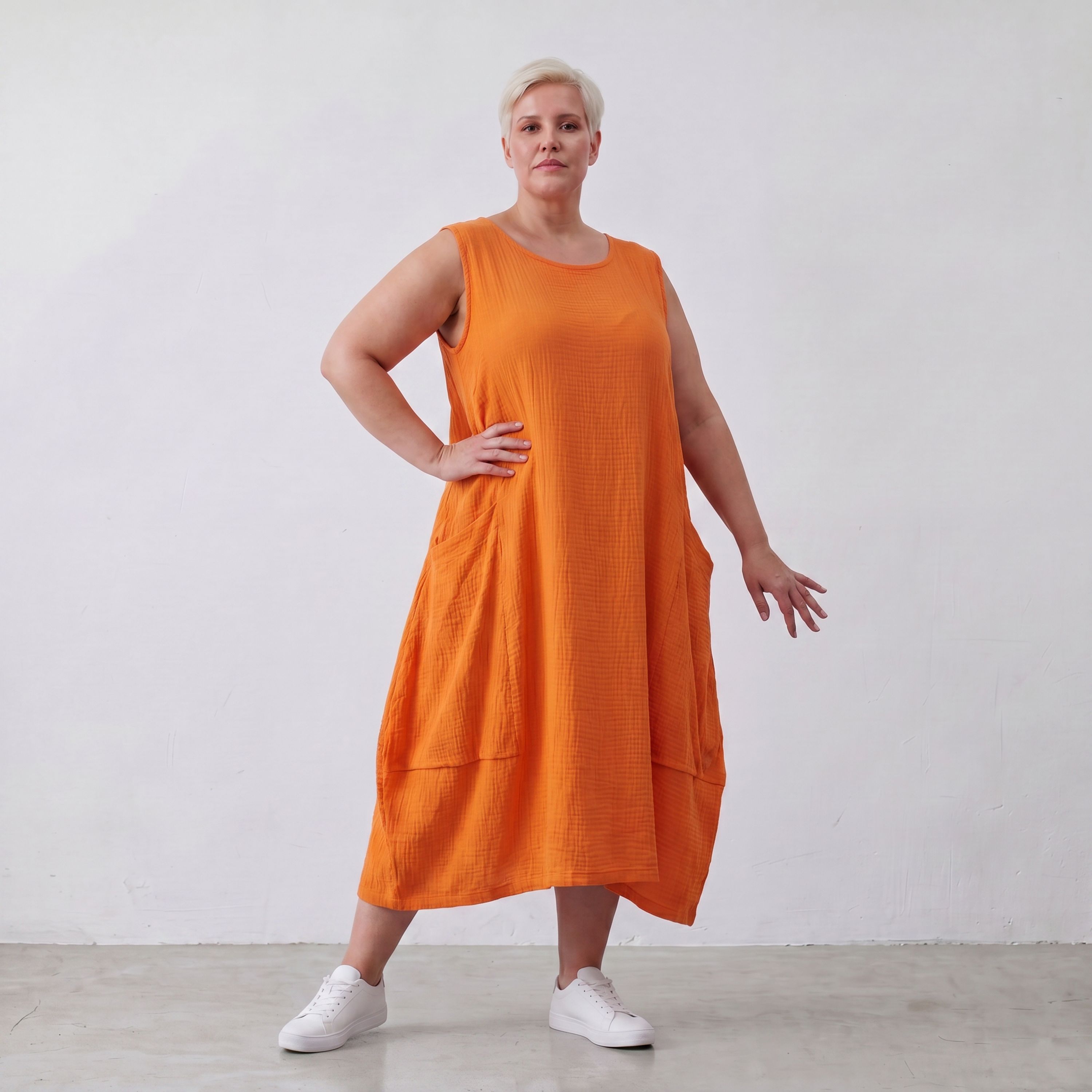 Damen Kleid Lagenlook Viskose Orange, Ballonschnitt, ärmellos, Taschen, Oversize große Größen – AKH Fashion