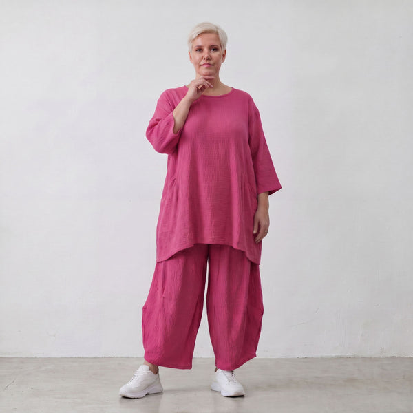 Damen Hose Lagenlook Viskose Fuchsia, Ballonschnitt, Flügeltaschen, Oversize große Größen – AKH Fashion