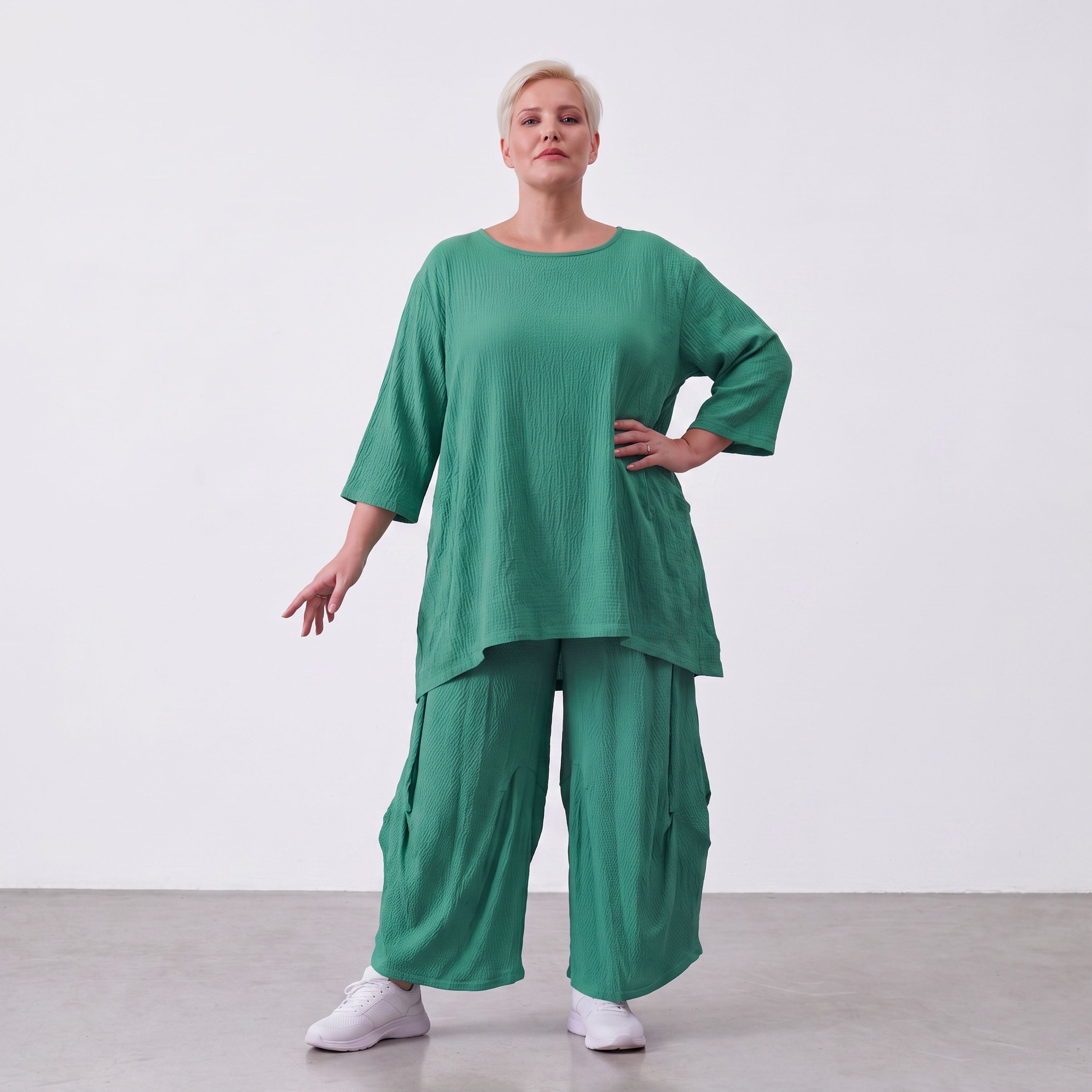 Damen Shirt Lagenlook Viskose Grün, A-Linie, Kurzarm, Oversize große Größen – AKH Fashion