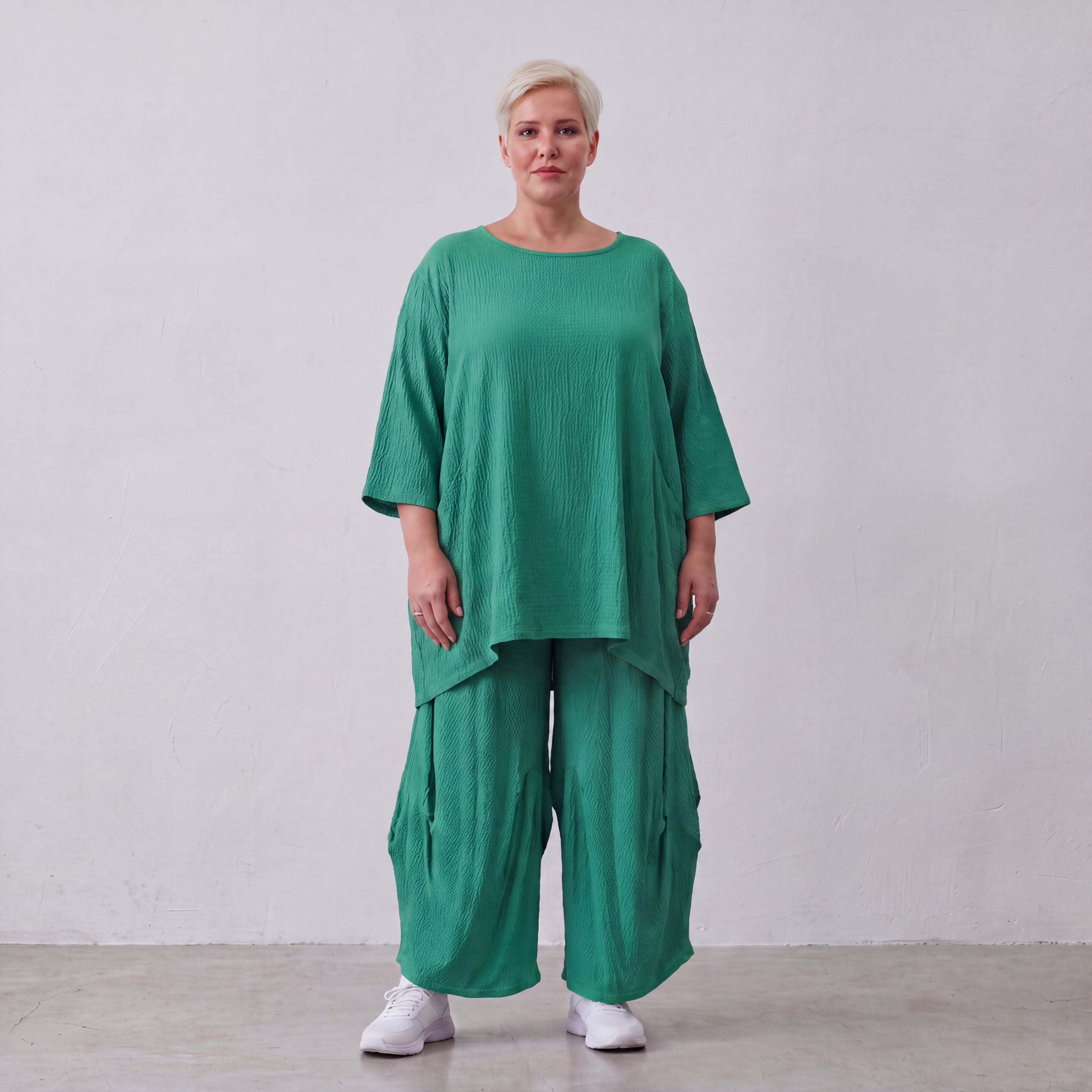 Damen Shirt Lagenlook Viskose Grün, A-Linie, Kurzarm, Oversize große Größen – AKH Fashion