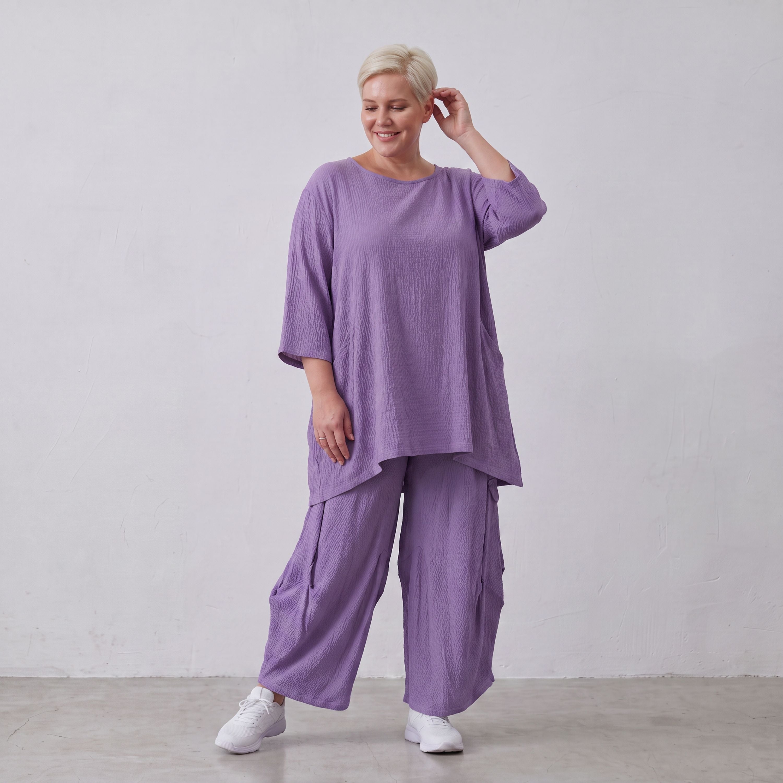 Damen Hose Lagenlook Viskose Lila, Ballonschnitt, Elastikbund, Oversize große Größen – AKH Fashion