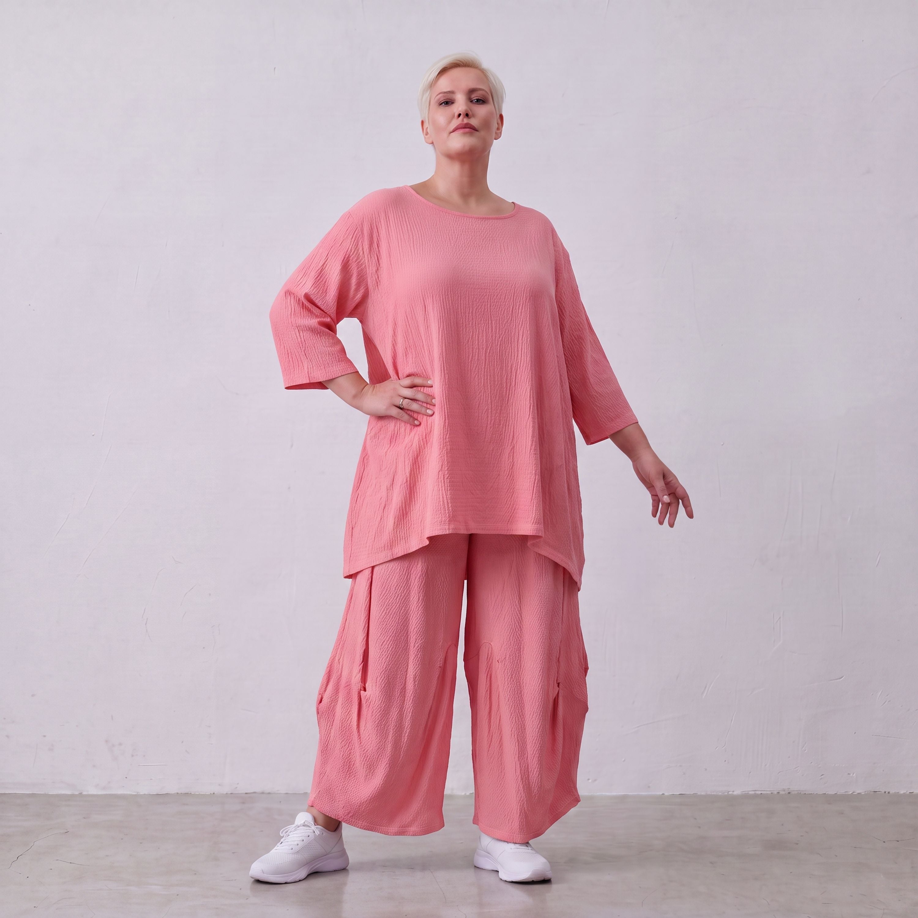 Damen Hose Lagenlook Viskose Rosa, Ballonschnitt, Elastikbund, Oversize große Größen – AKH Fashion