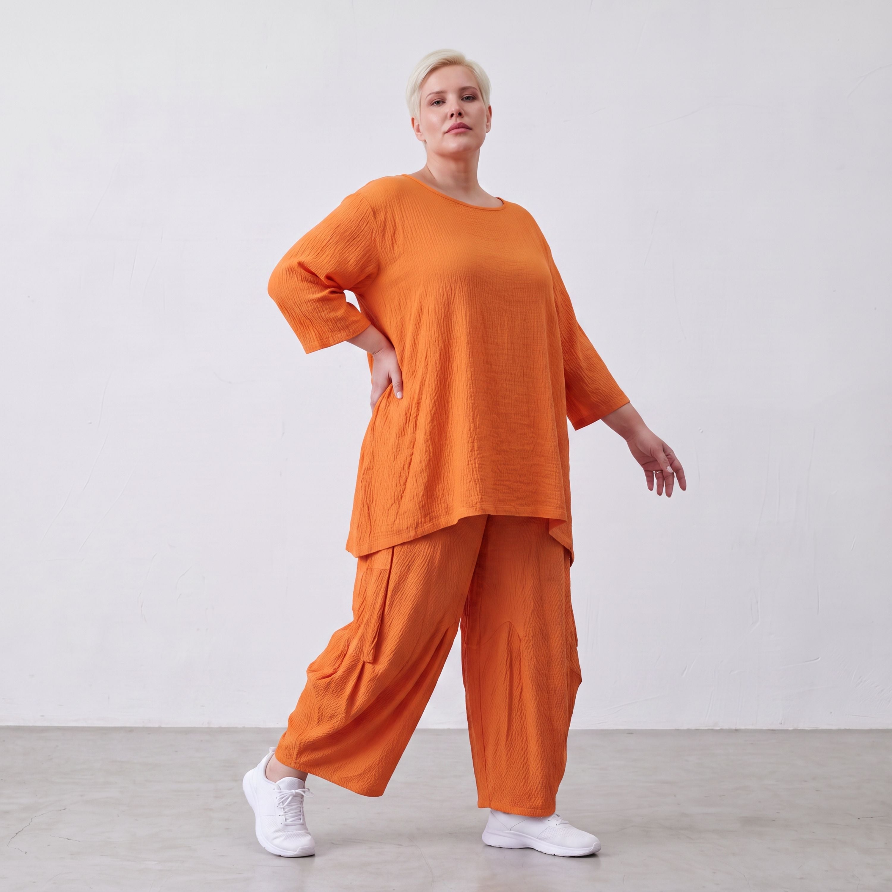 Damen Hose Lagenlook Viskose Orange, Ballonschnitt, Flügeltaschen, Oversize große Größen – AKH Fashion