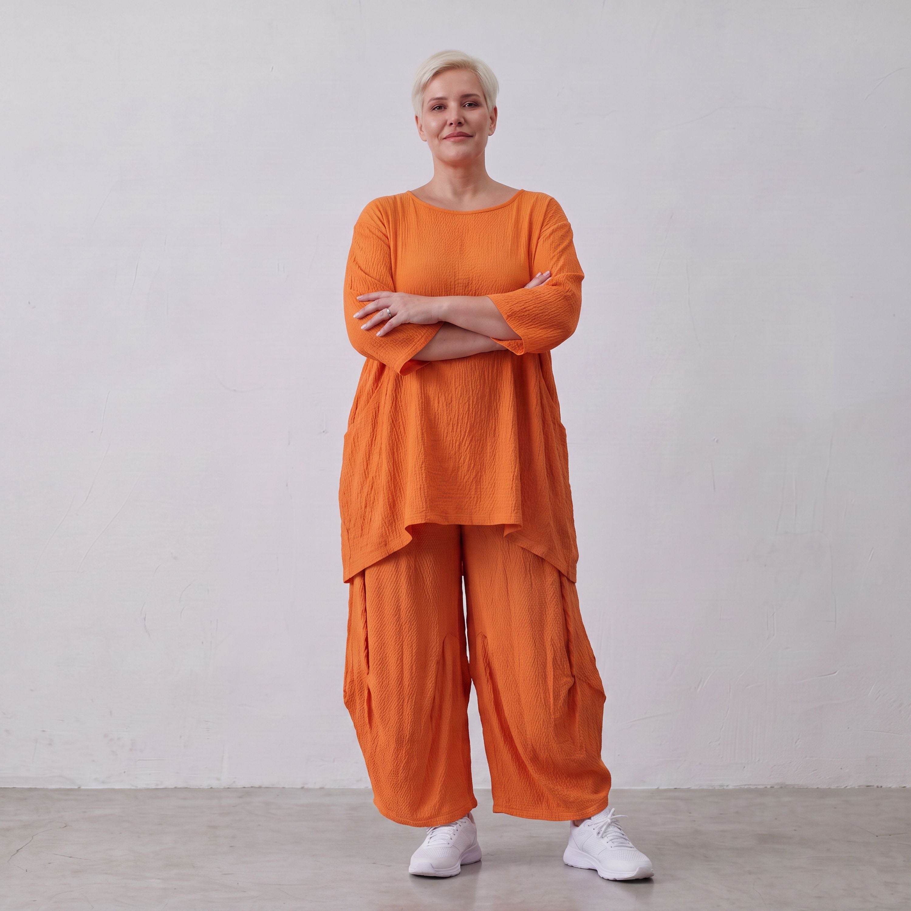 Damen Hose Lagenlook Viskose Orange, Ballonschnitt, Flügeltaschen, Oversize große Größen – AKH Fashion