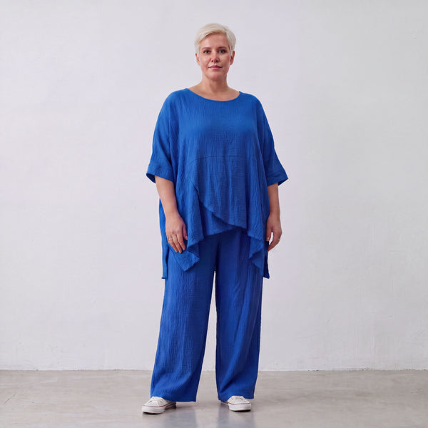 Damen Hose Lagenlook Viskose Royalblau, Elastikbund, Oversize große Größen – AKH Fashion