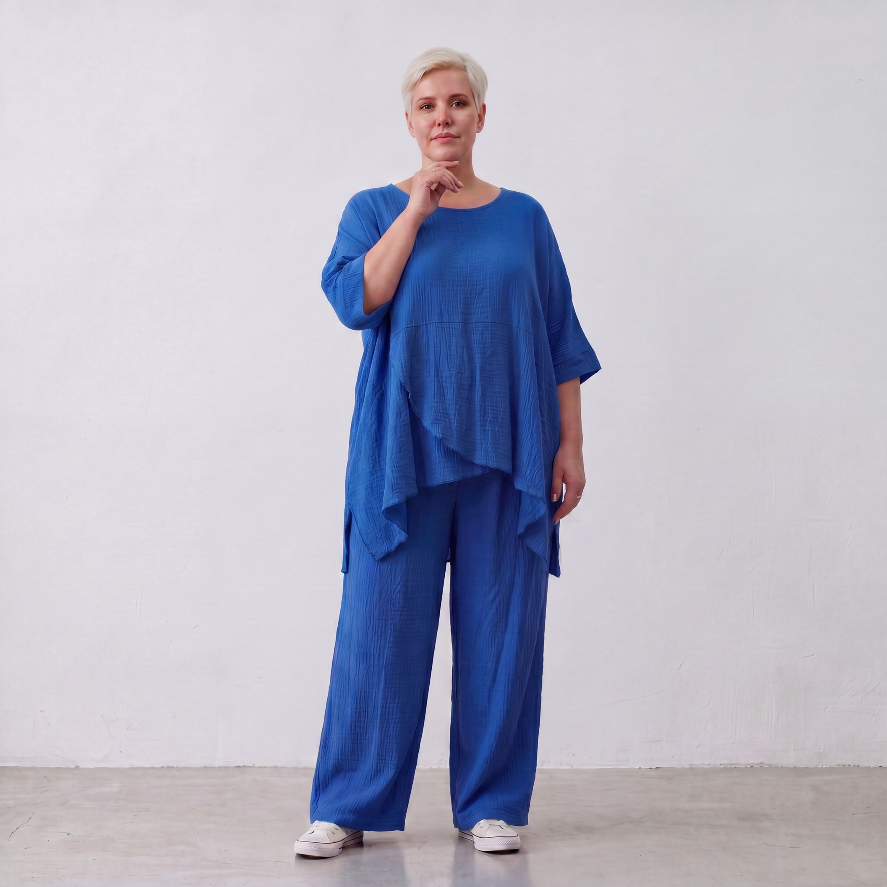 Damen Shirt Lagenlook Viskose Royalblau, kastiger Schnitt, Kurzarm, Oversize große Größen – AKH Fashion