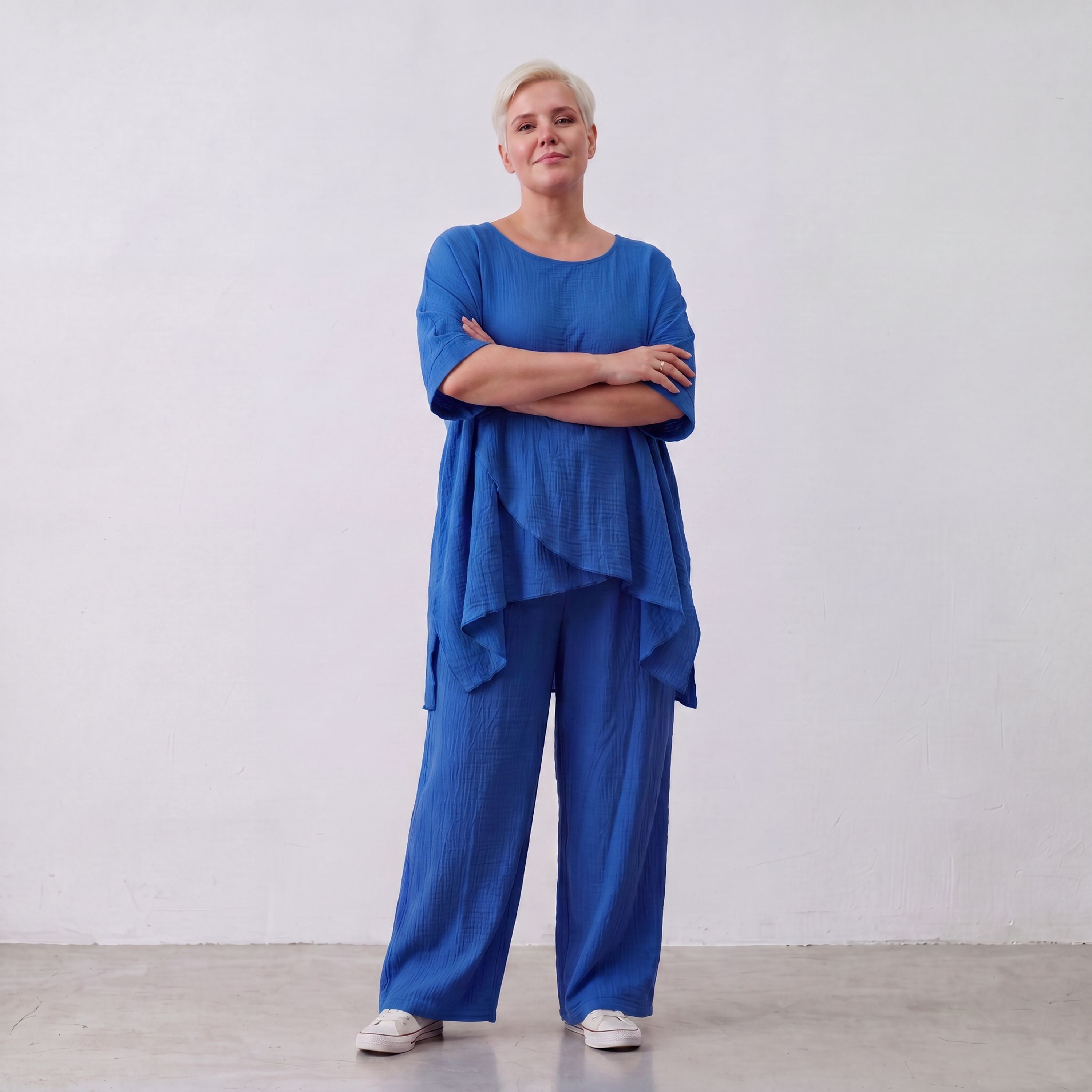 Damen Shirt Lagenlook Viskose Royalblau, kastiger Schnitt, Kurzarm, Oversize große Größen – AKH Fashion
