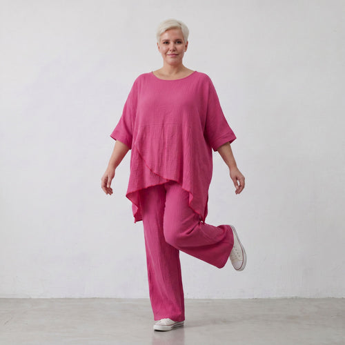 Damen Shirt Lagenlook Viskose Fuchsia, kastiger Schnitt, Kurzarm, Oversize große Größen – AKH Fashion