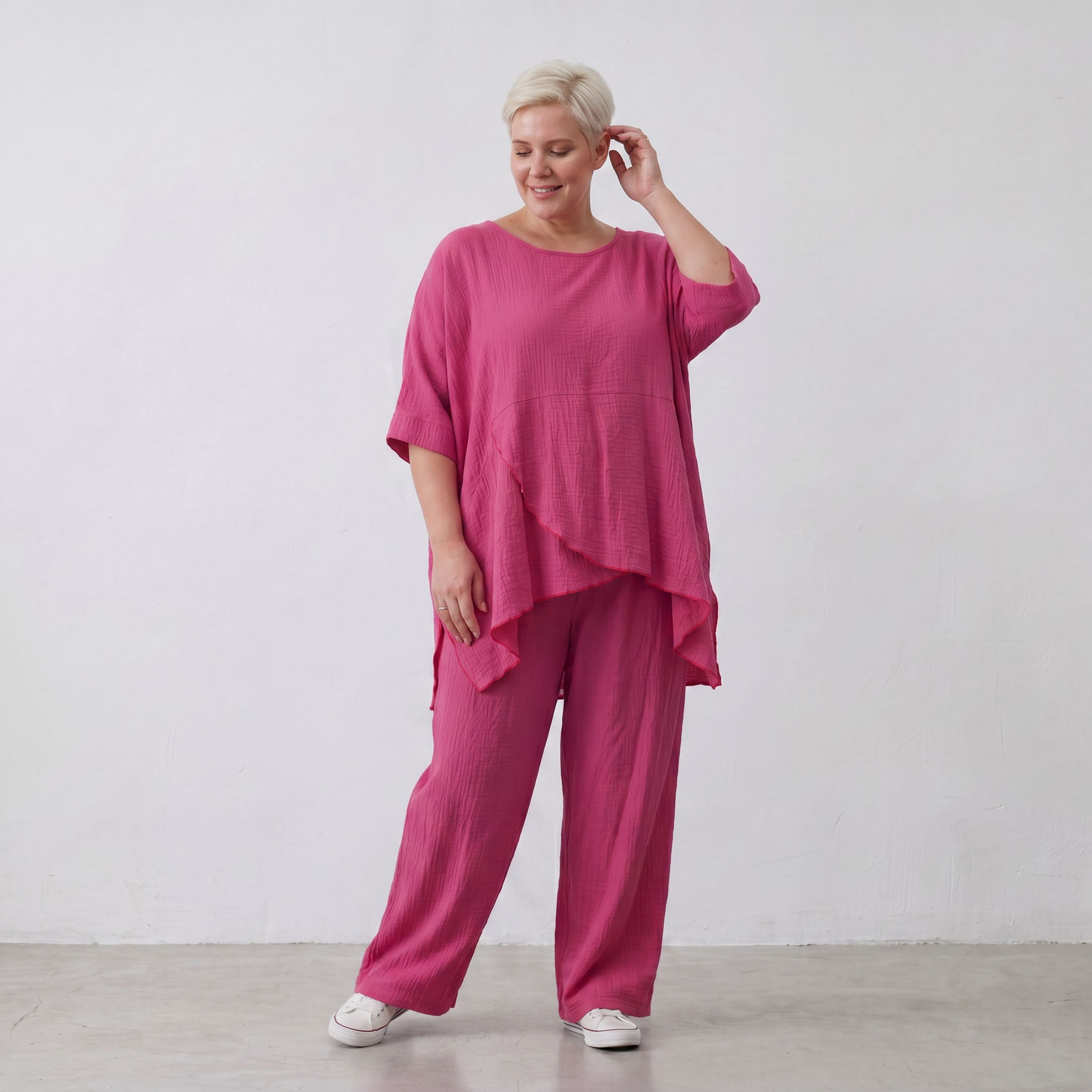 Damen Hose Lagenlook Viskose Fuchsia, Elastikbund, Oversize große Größen – AKH Fashion